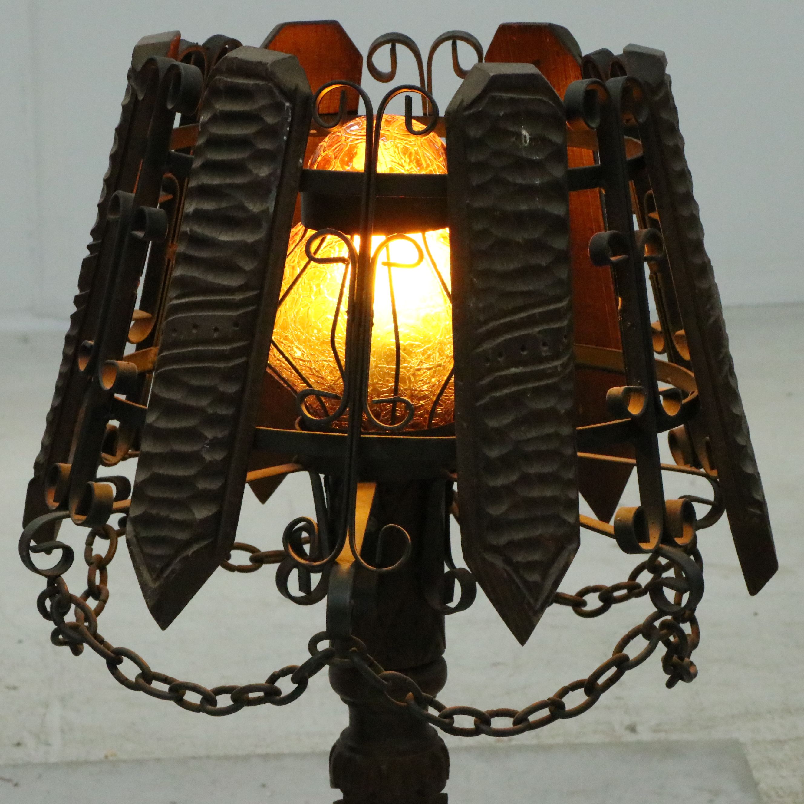 Spanish Revival Style Wrought Iron and Wood Table Lamps with Amber Glass Shades