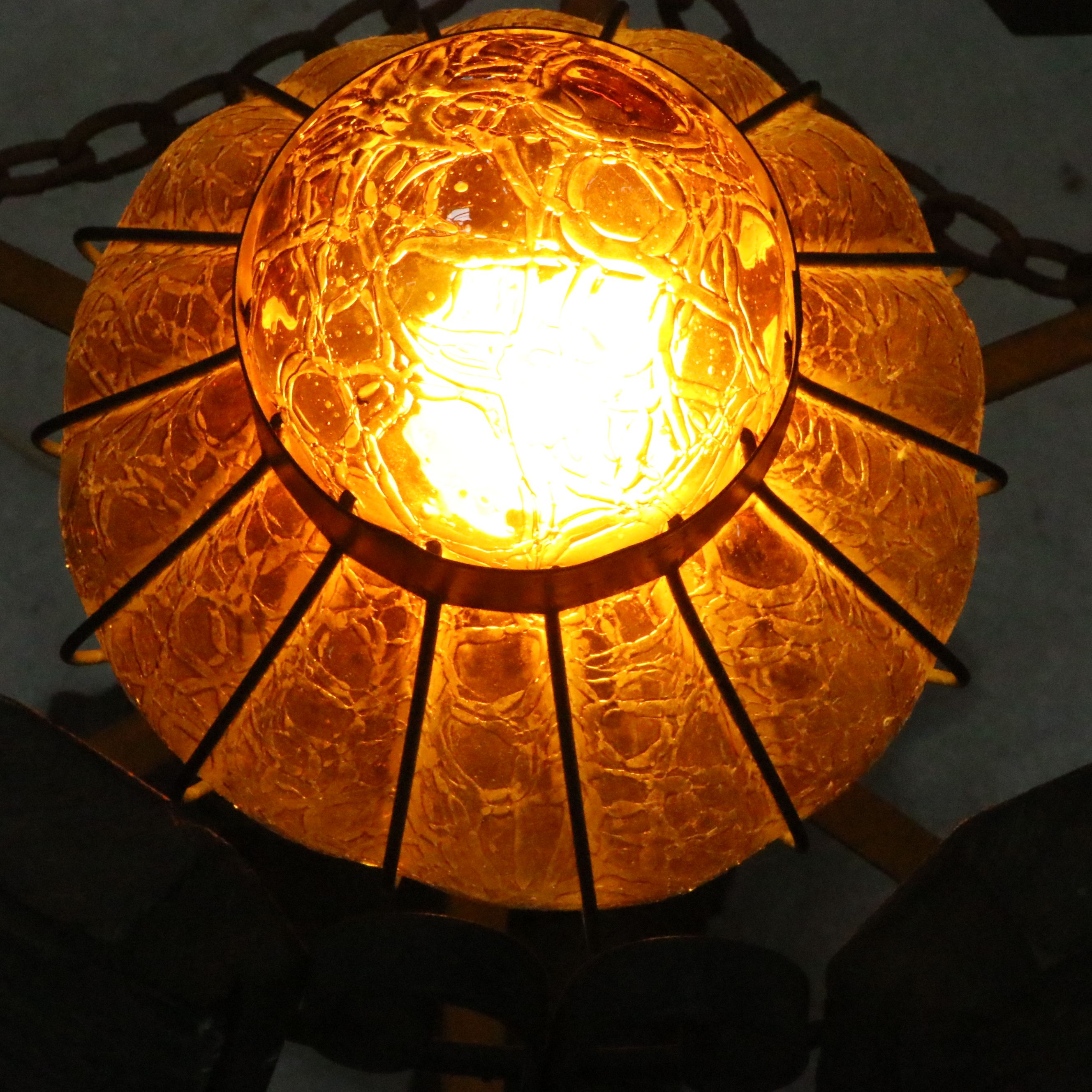 Spanish Revival Style Wrought Iron and Wood Table Lamps with Amber Glass Shades