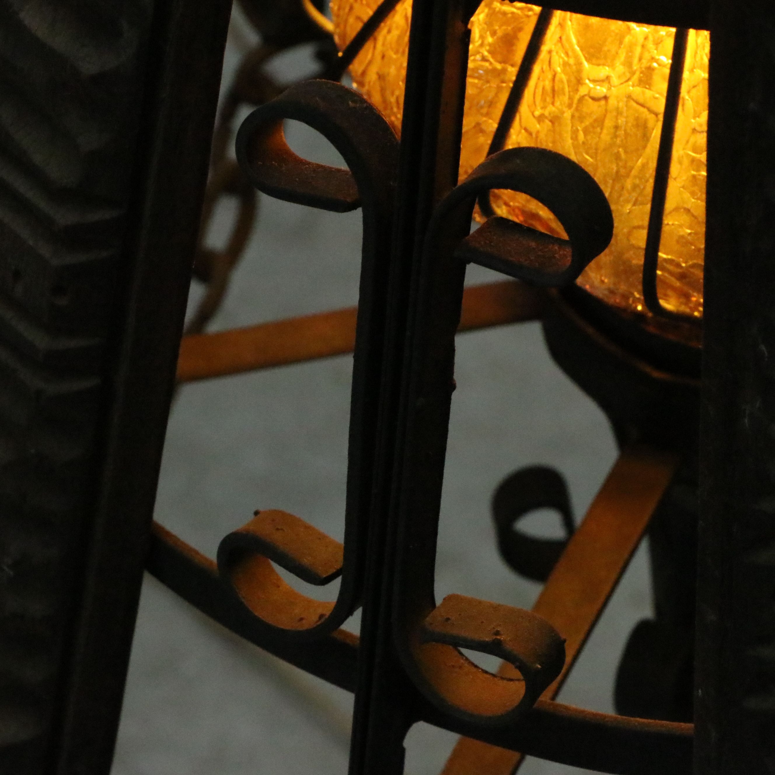 Spanish Revival Style Wrought Iron and Wood Table Lamps with Amber Glass Shades