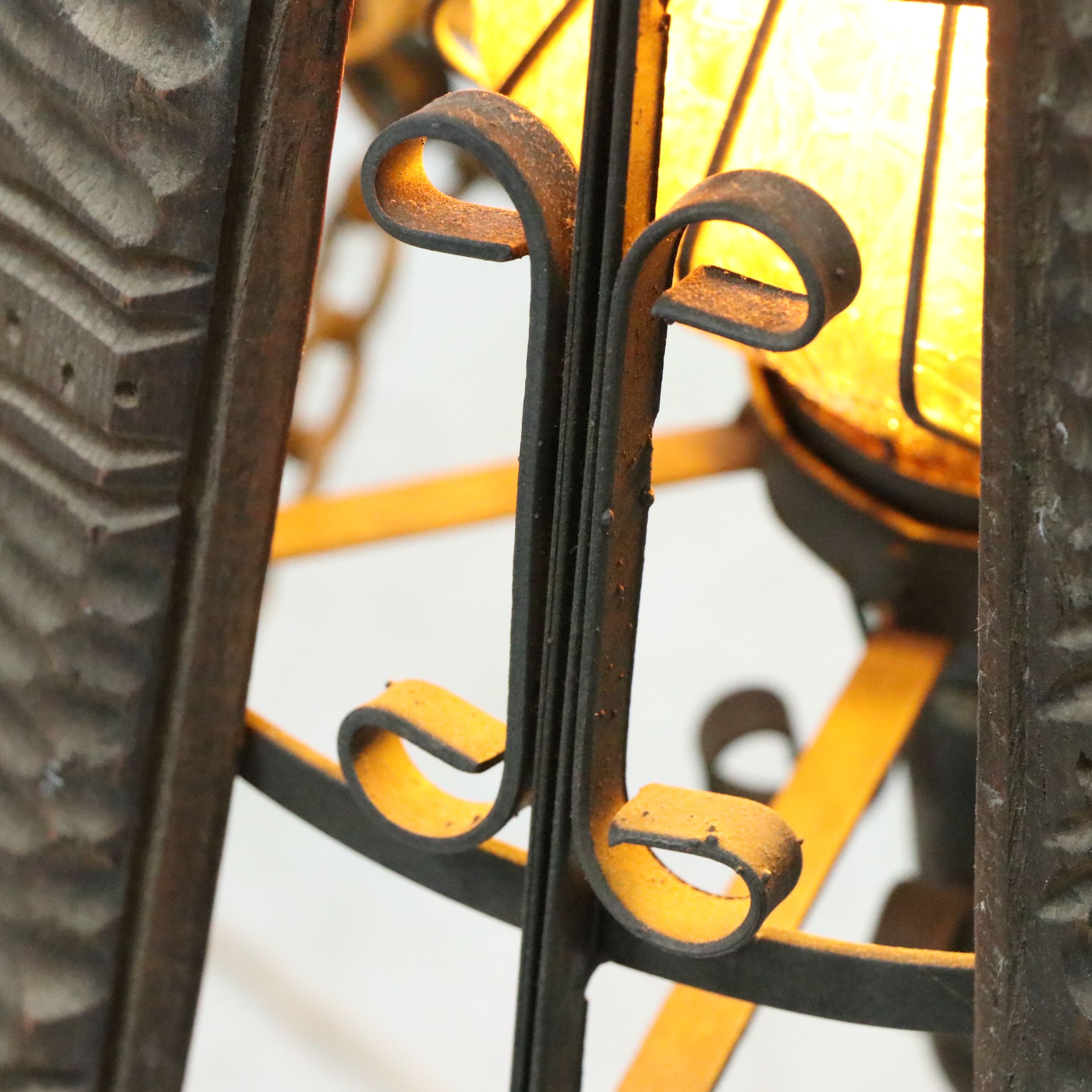 Spanish Revival Style Wrought Iron and Wood Table Lamps with Amber Glass Shades