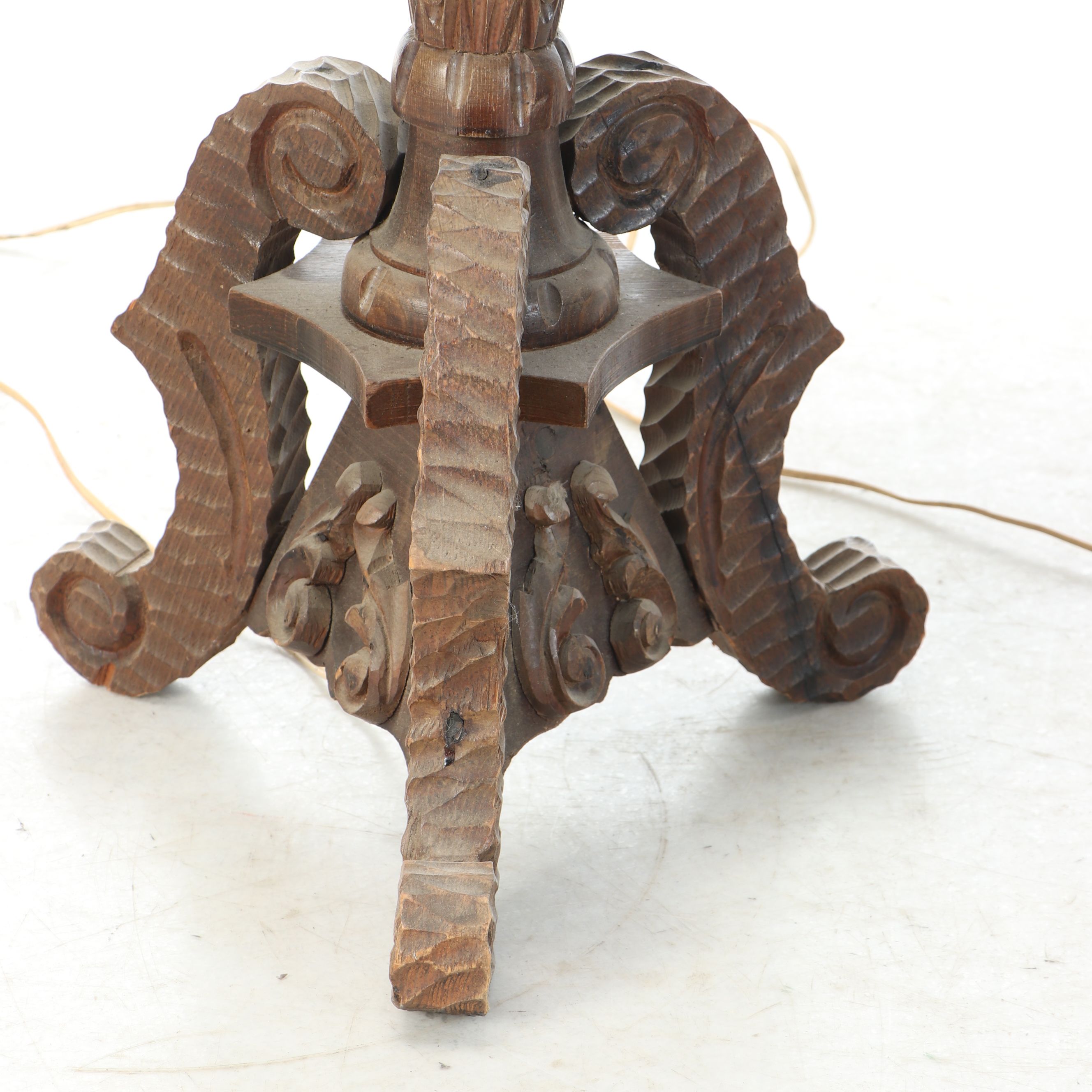 Spanish Revival Style Wrought Iron and Wood Table Lamps with Amber Glass Shades