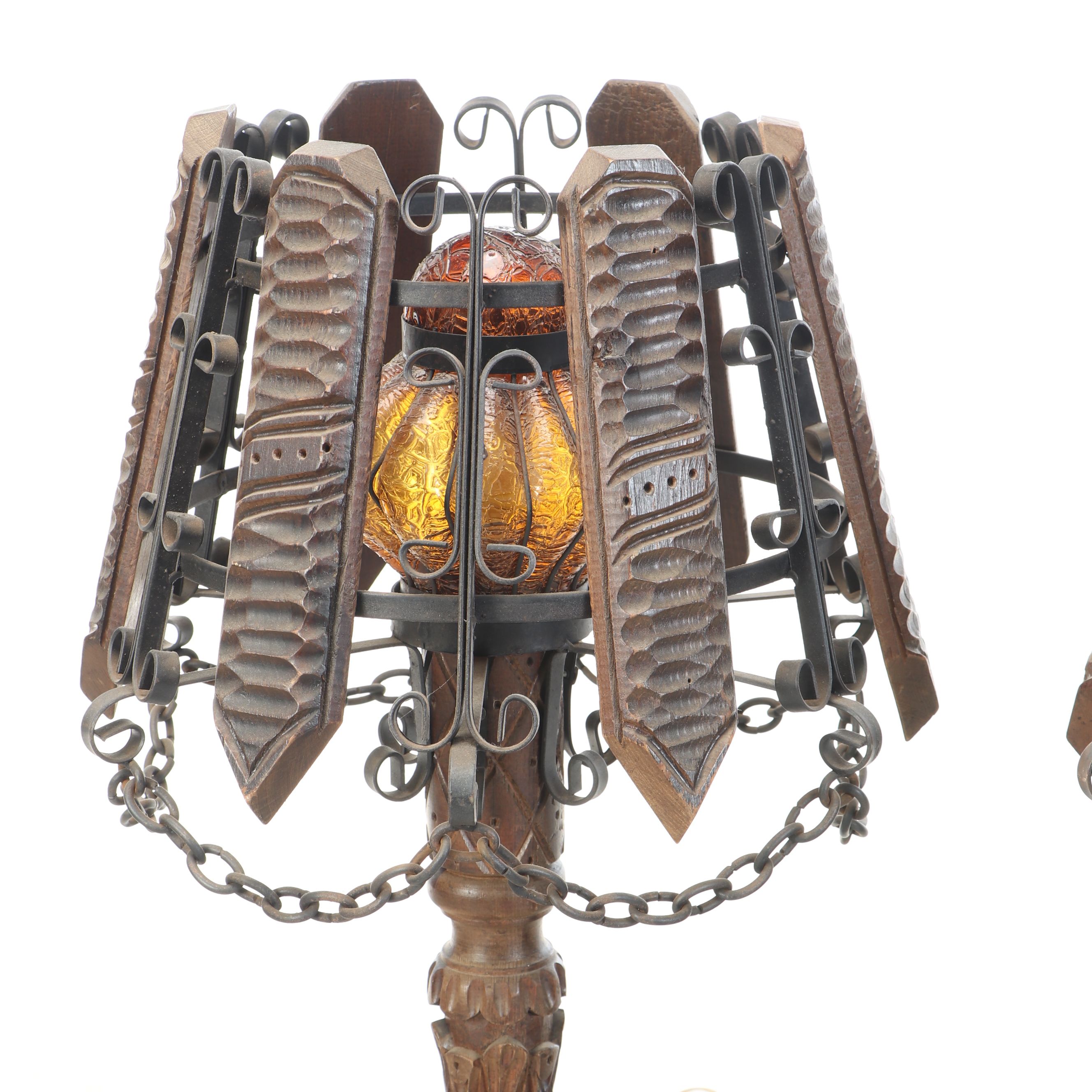 Spanish Revival Style Wrought Iron and Wood Table Lamps with Amber Glass Shades