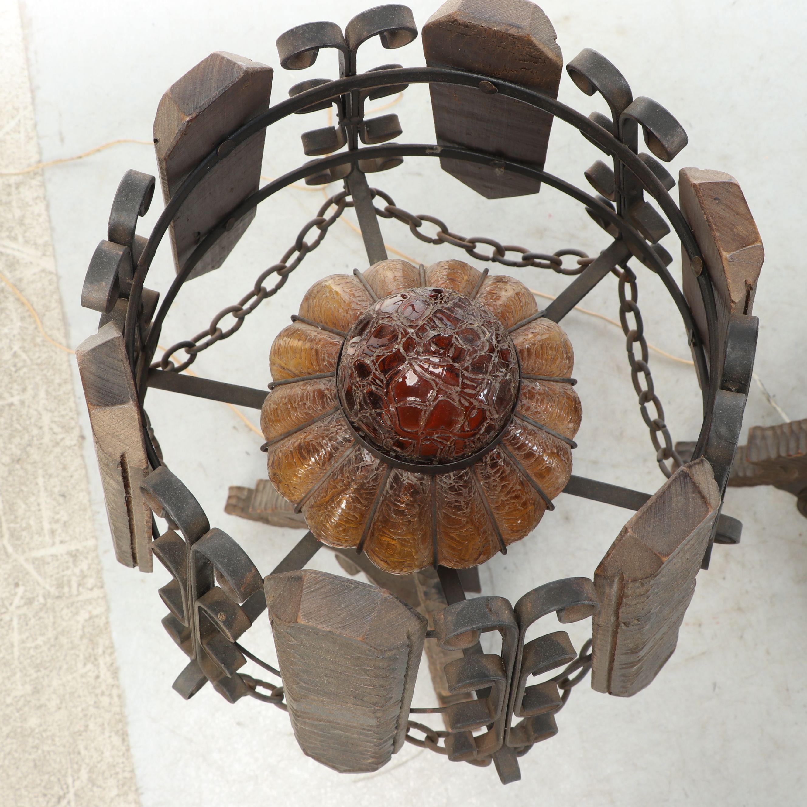 Spanish Revival Style Wrought Iron and Wood Table Lamps with Amber Glass Shades