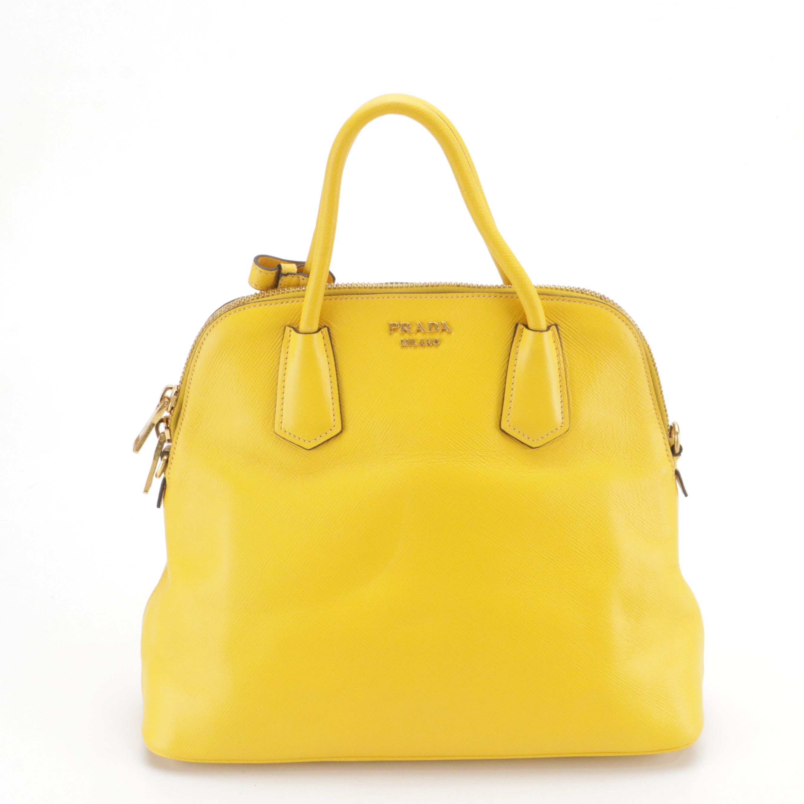 Prada Bauletto Dome Two-Way Bag in Yellow Saffiano Leather