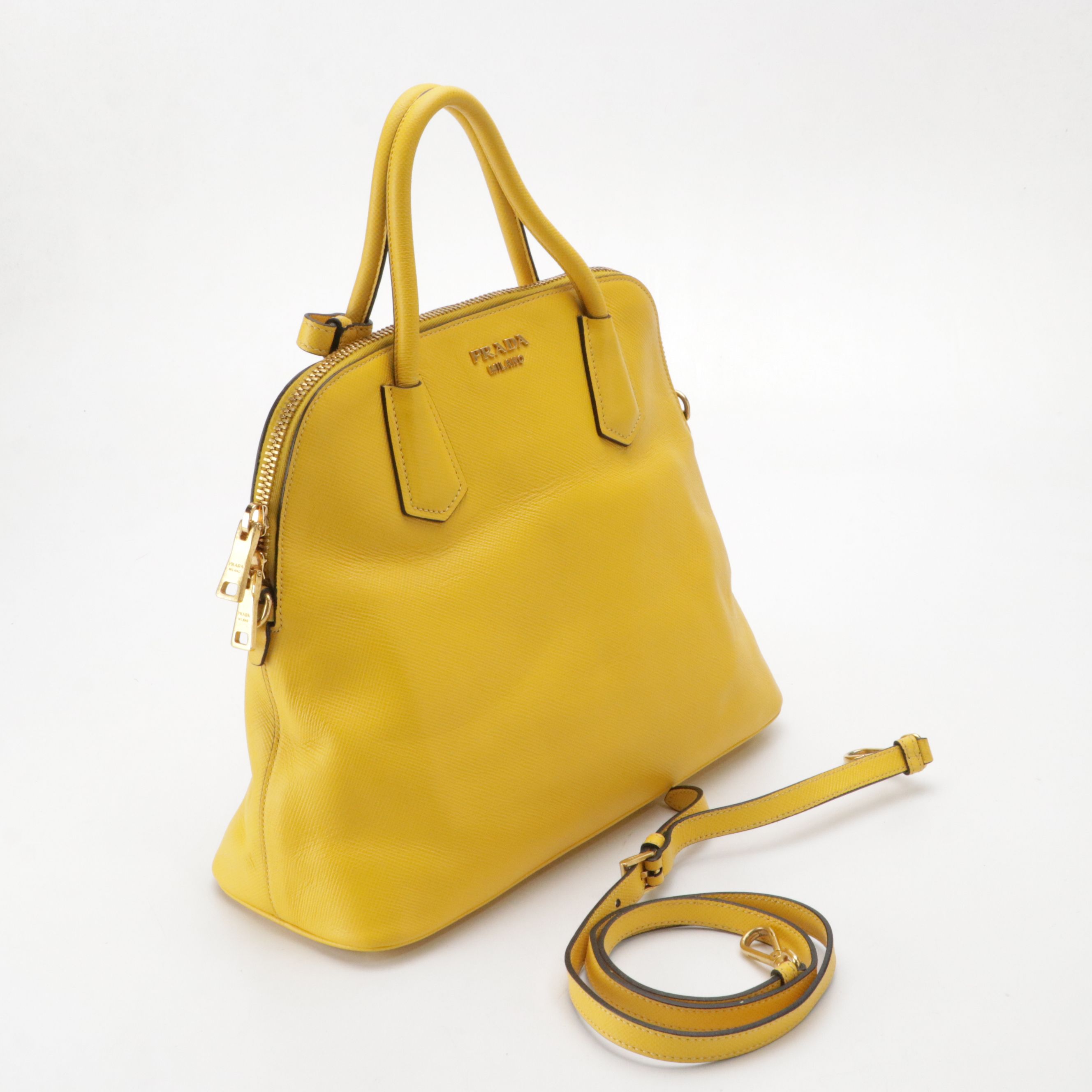 Prada Bauletto Dome Two-Way Bag in Yellow Saffiano Leather