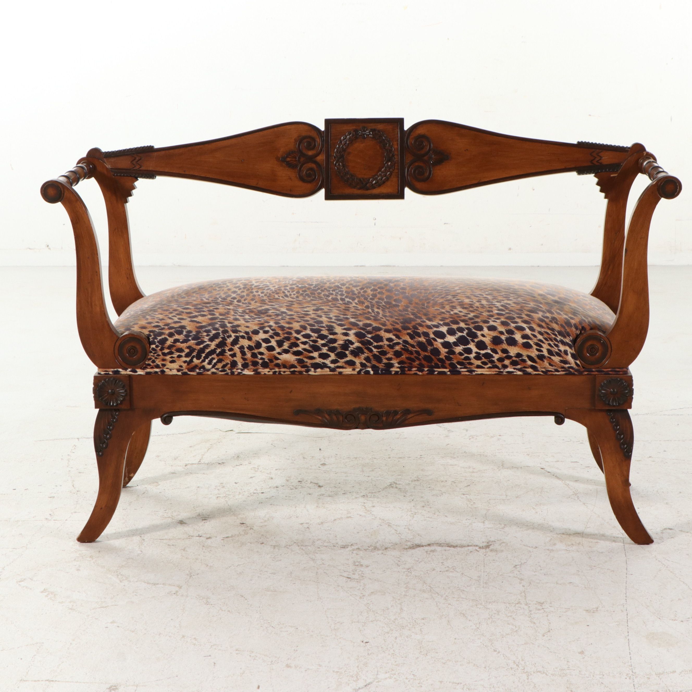 Trouvailles Inc. Directoire Style Leopard Upholstered Settee, Late 20th C.