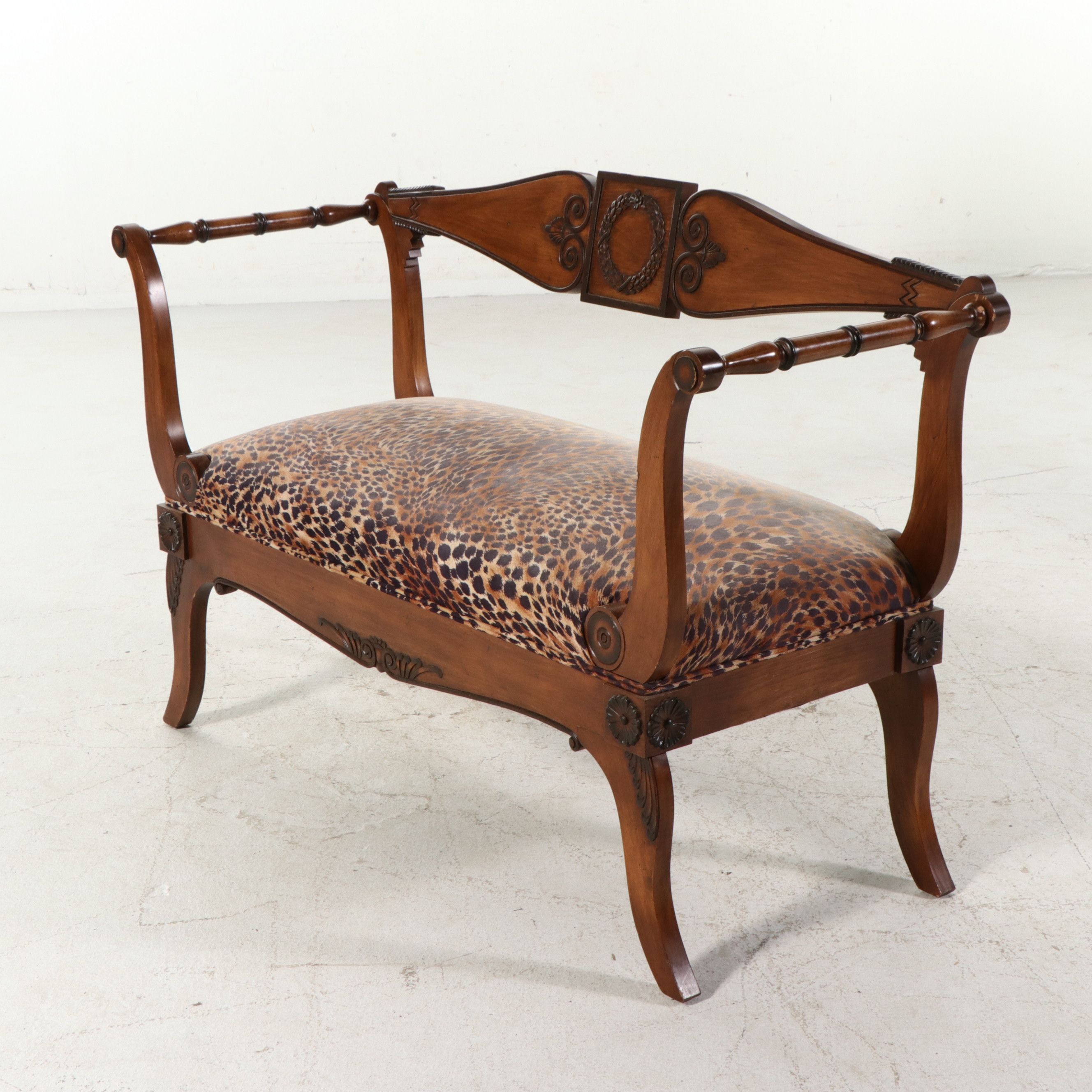 Trouvailles Inc. Directoire Style Leopard Upholstered Settee, Late 20th C.
