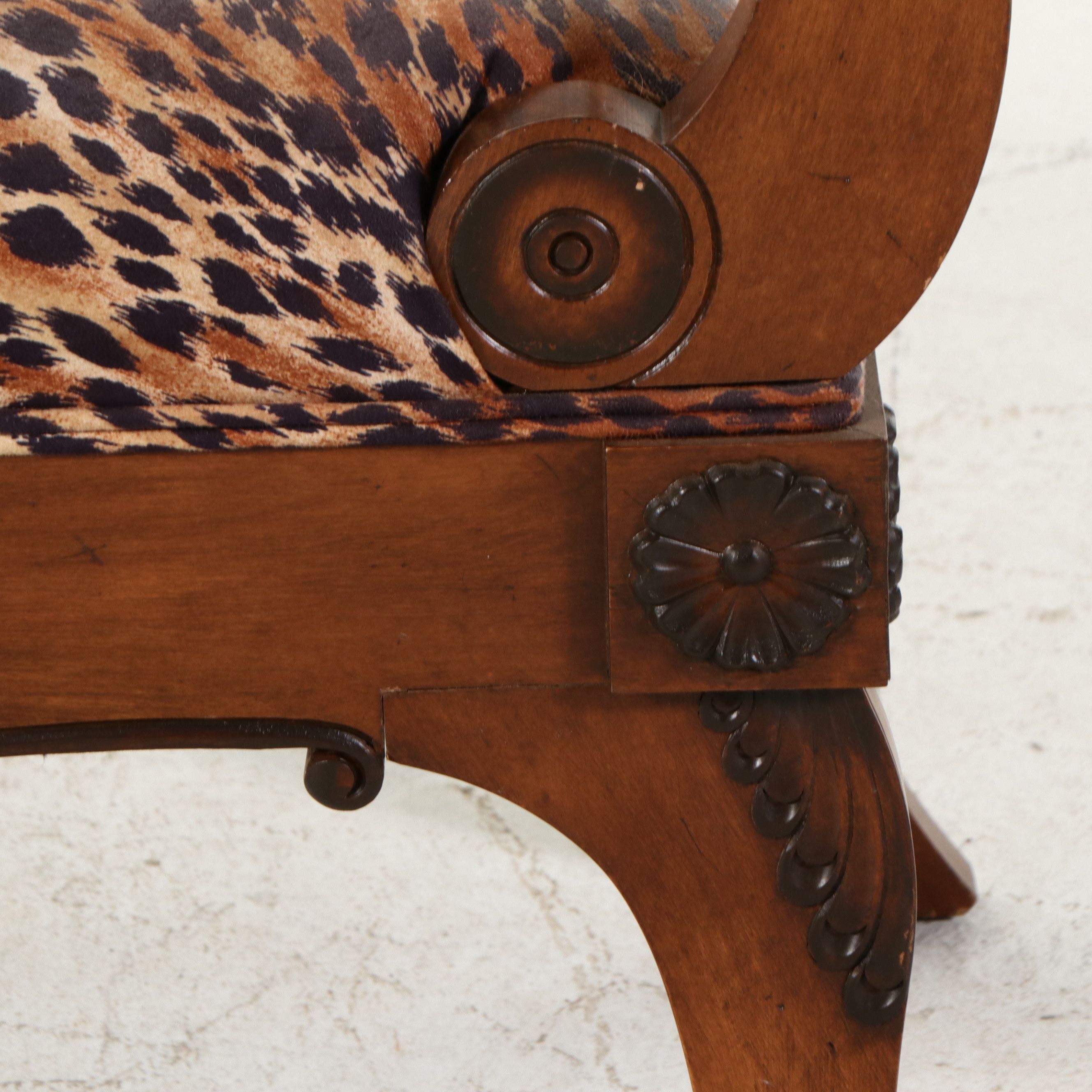 Trouvailles Inc. Directoire Style Leopard Upholstered Settee, Late 20th C.