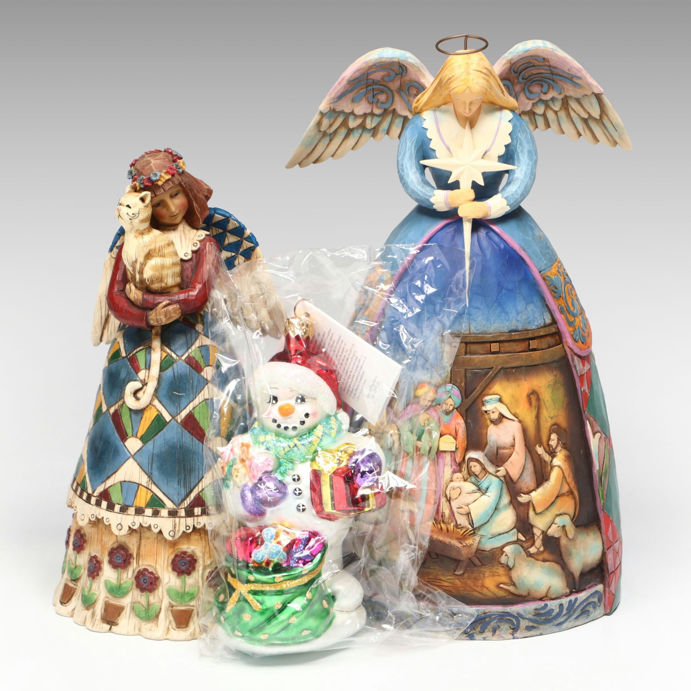 Jim Shore Resin Angel Figurines with Christopher Radko Glass Ornament
