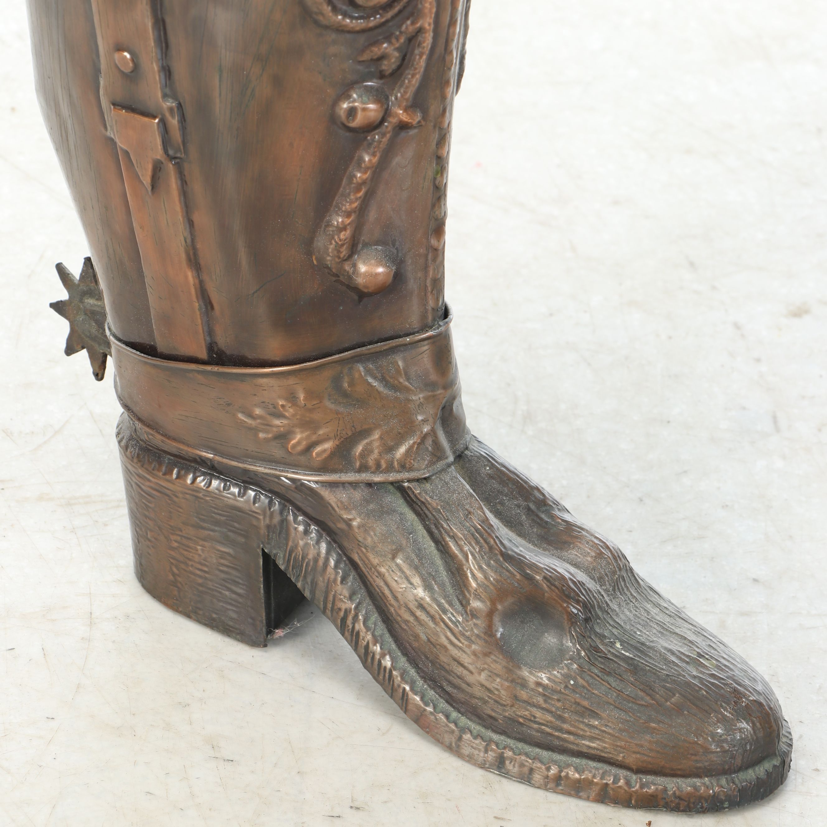 Copper Finish Cowboy Boot Umbrella Stand, 20th Century