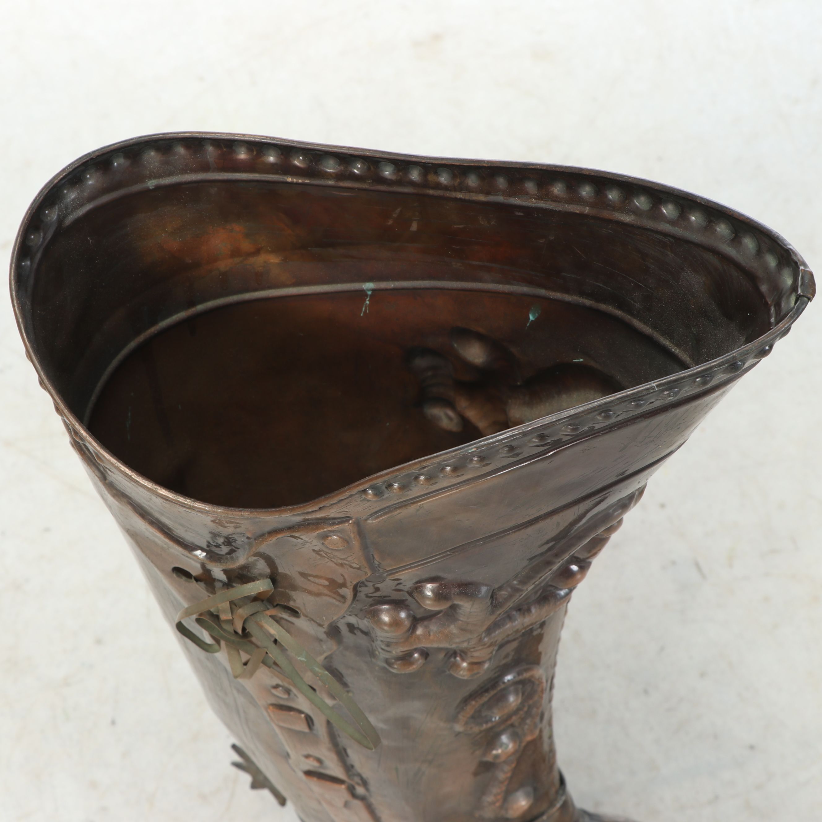 Copper Finish Cowboy Boot Umbrella Stand, 20th Century