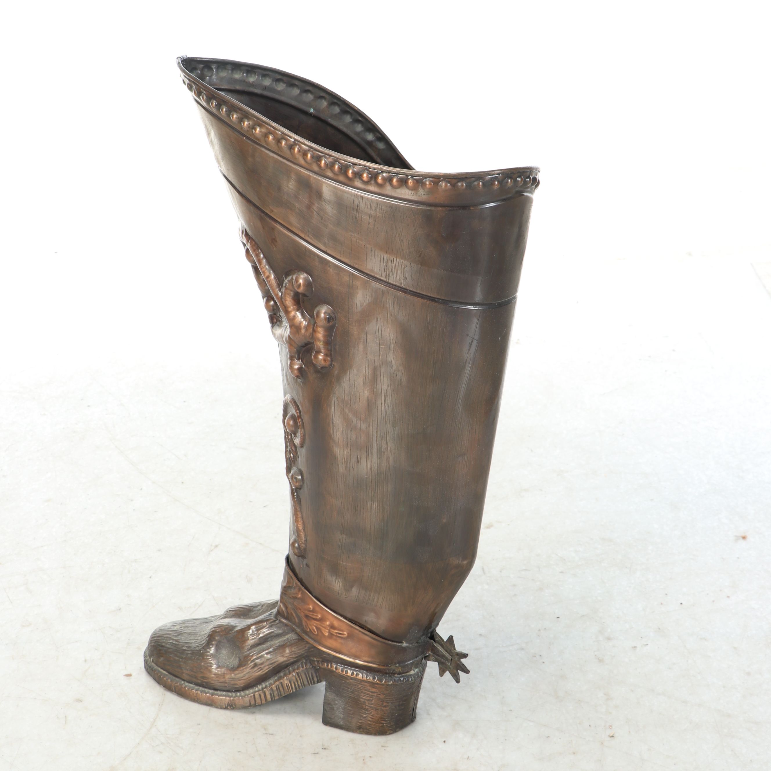 Copper Finish Cowboy Boot Umbrella Stand, 20th Century