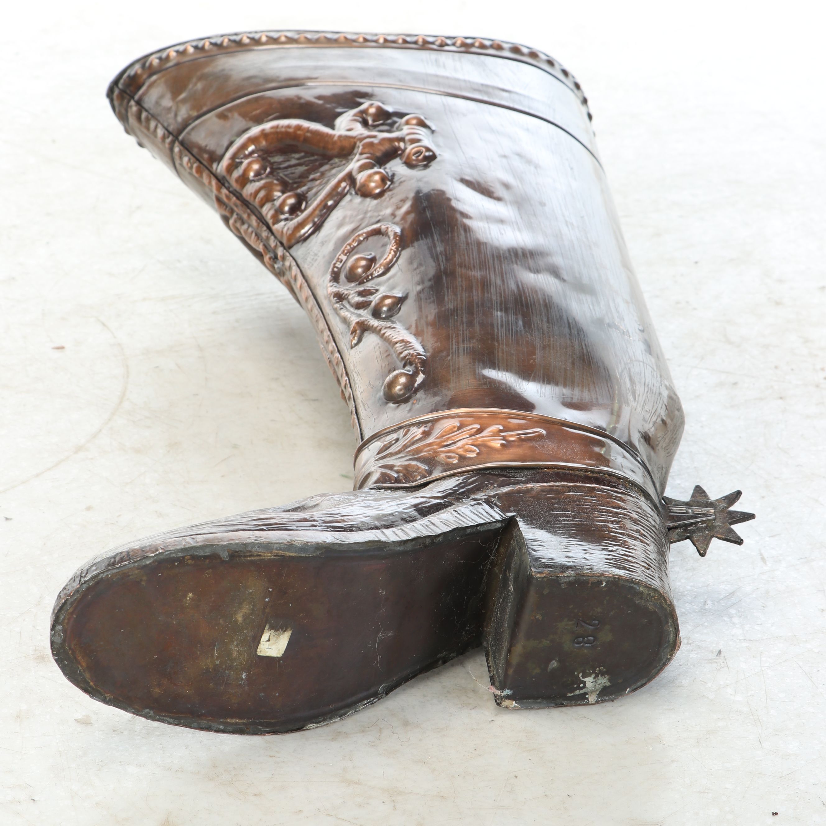 Copper Finish Cowboy Boot Umbrella Stand, 20th Century