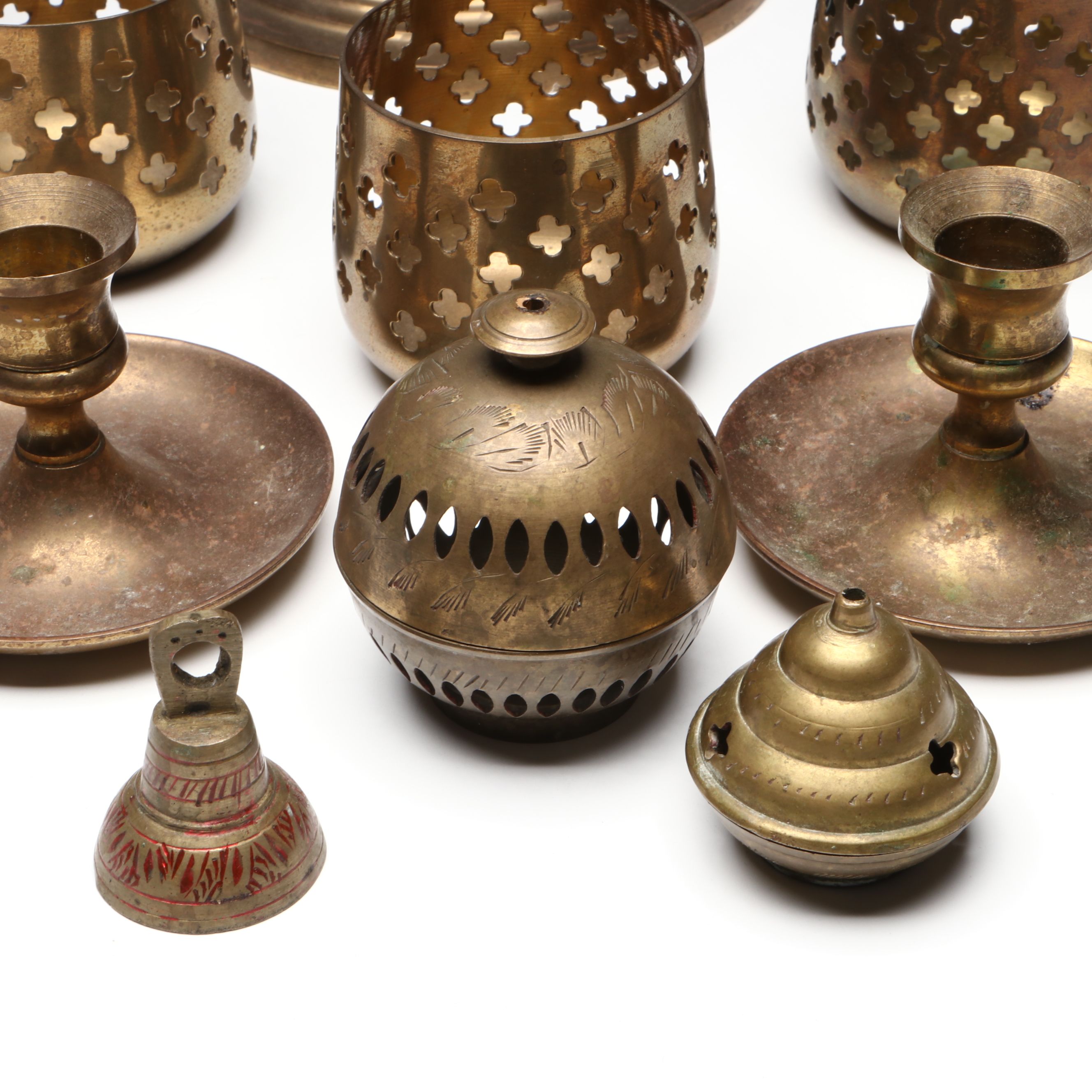 Thai Scrolled Arm Brass Candelabrum, Candlesticks with Other Asian Table Décor