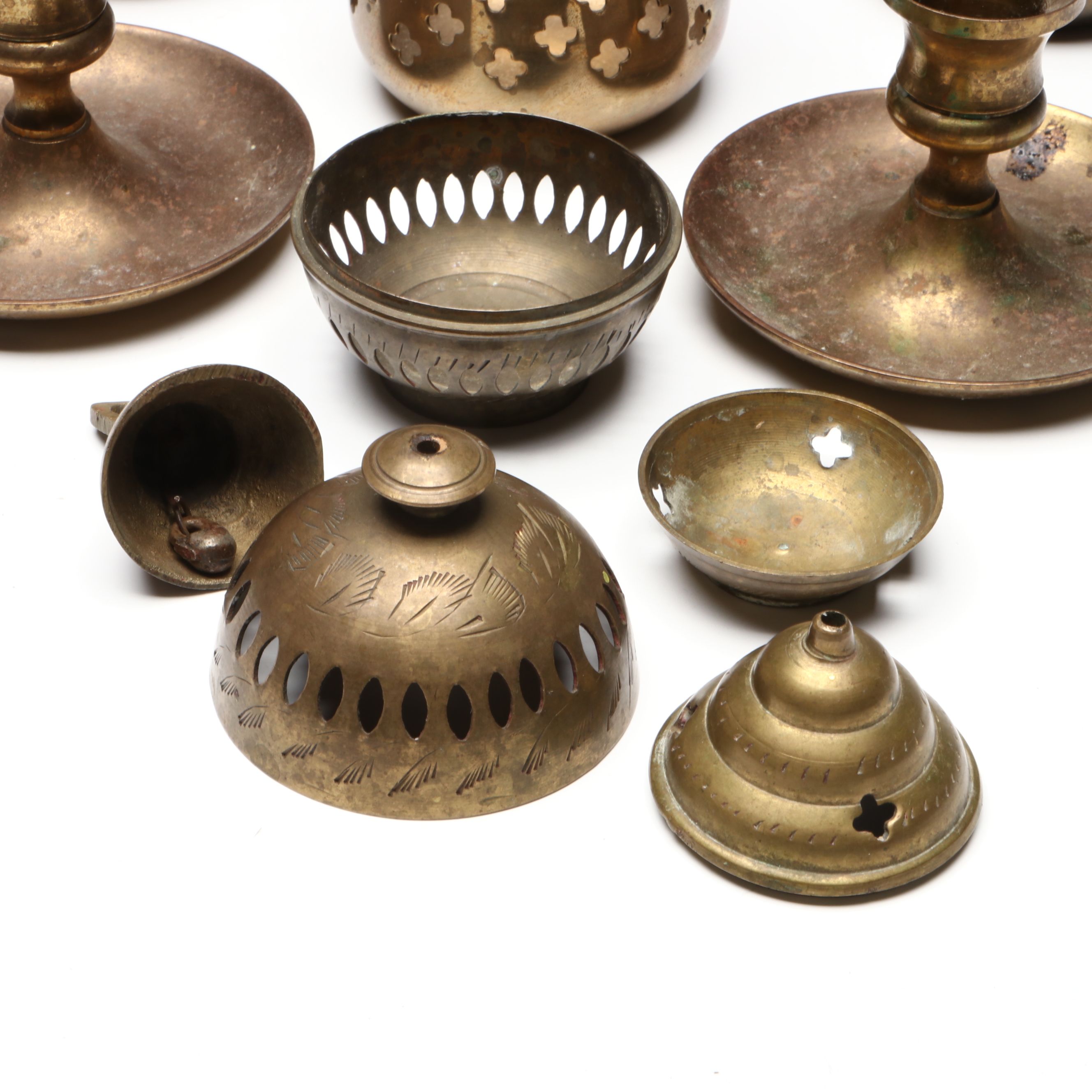 Thai Scrolled Arm Brass Candelabrum, Candlesticks with Other Asian Table Décor