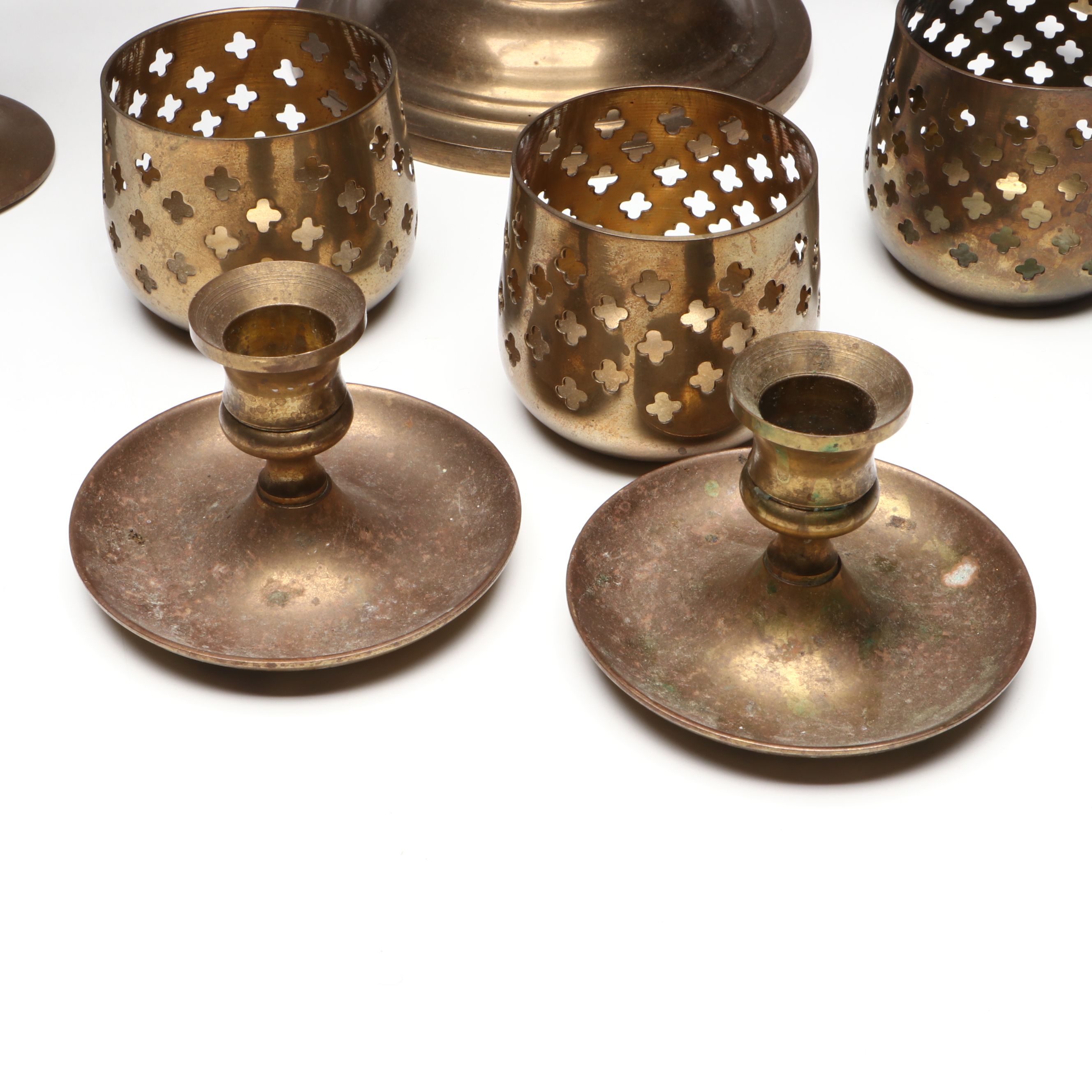 Thai Scrolled Arm Brass Candelabrum, Candlesticks with Other Asian Table Décor