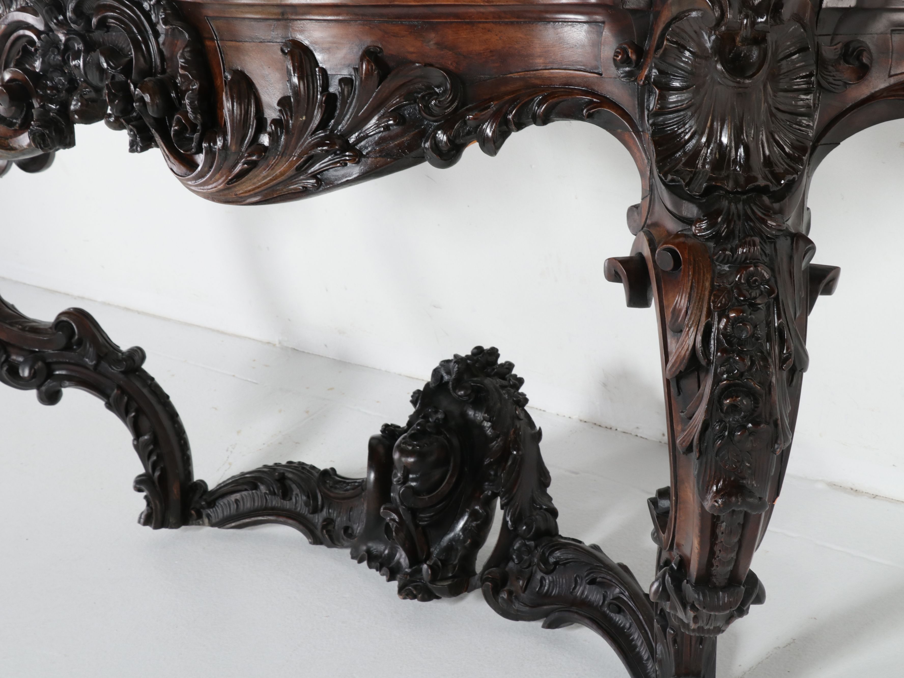 Rococo Revival Style Carved Walnut Marble Top Console Table
