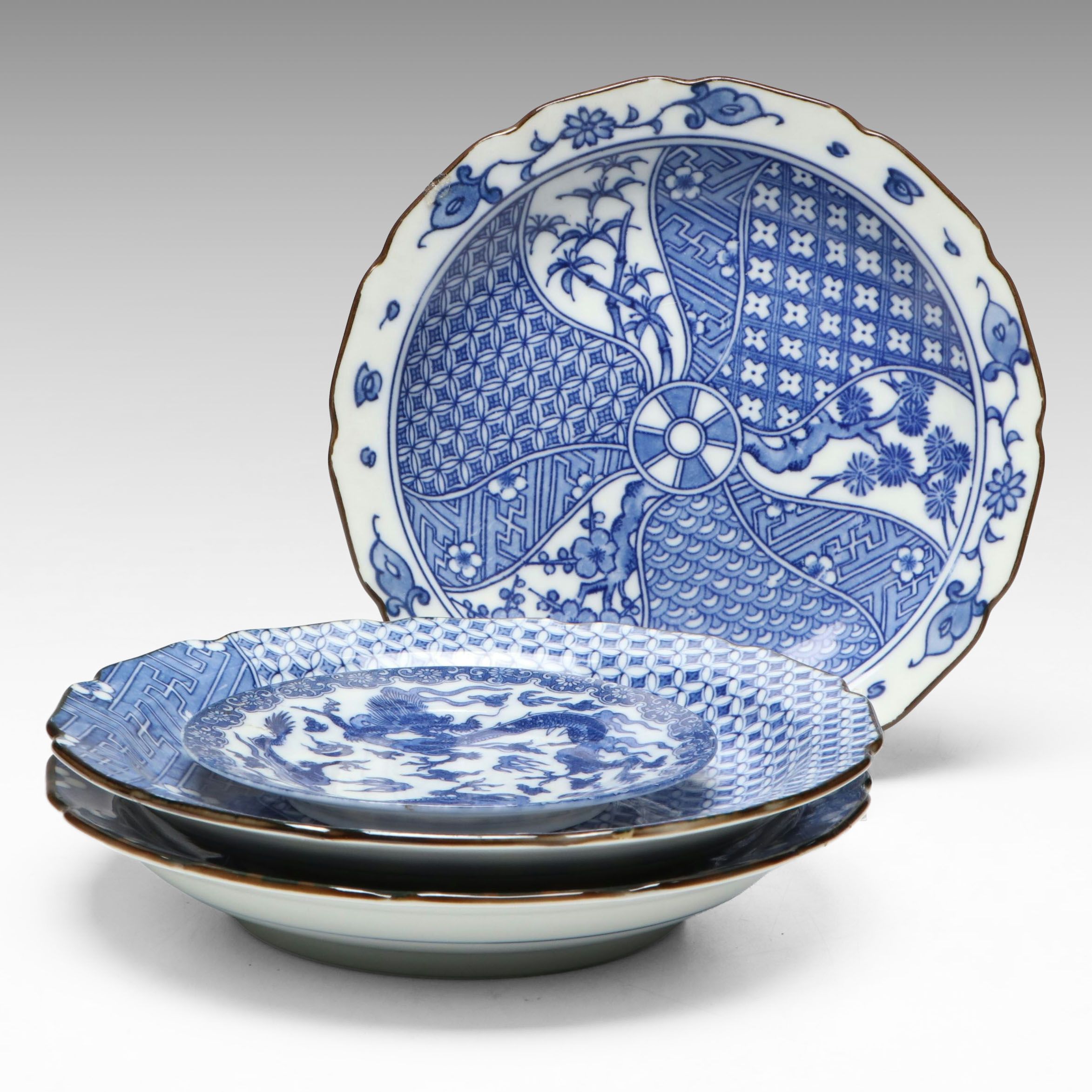 Japanese Arita Ware Blue and White Porcelain Shallow Bowls and Saucer