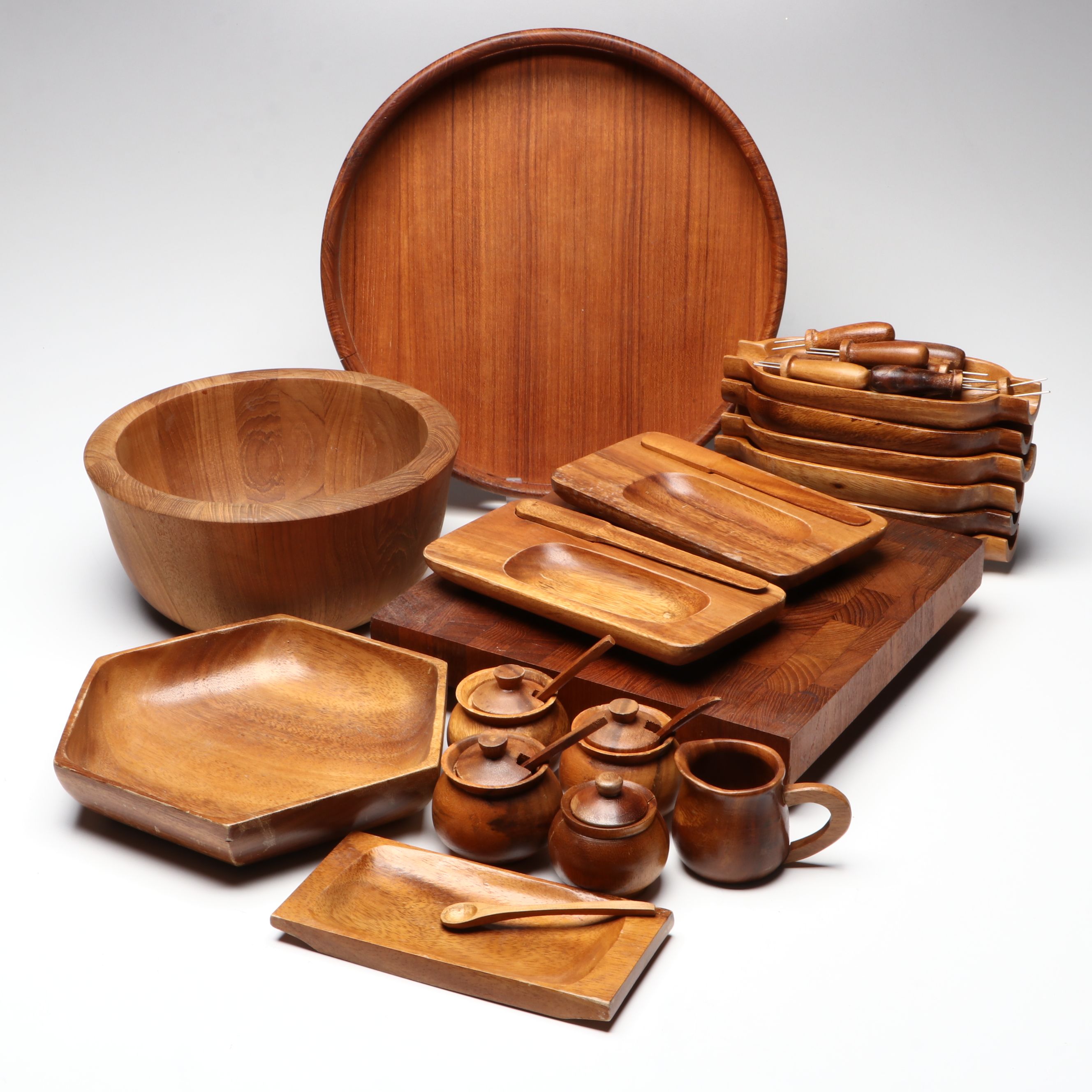 Mid Century Modern Style Wood Cutting Board and Trays with Other Tableware