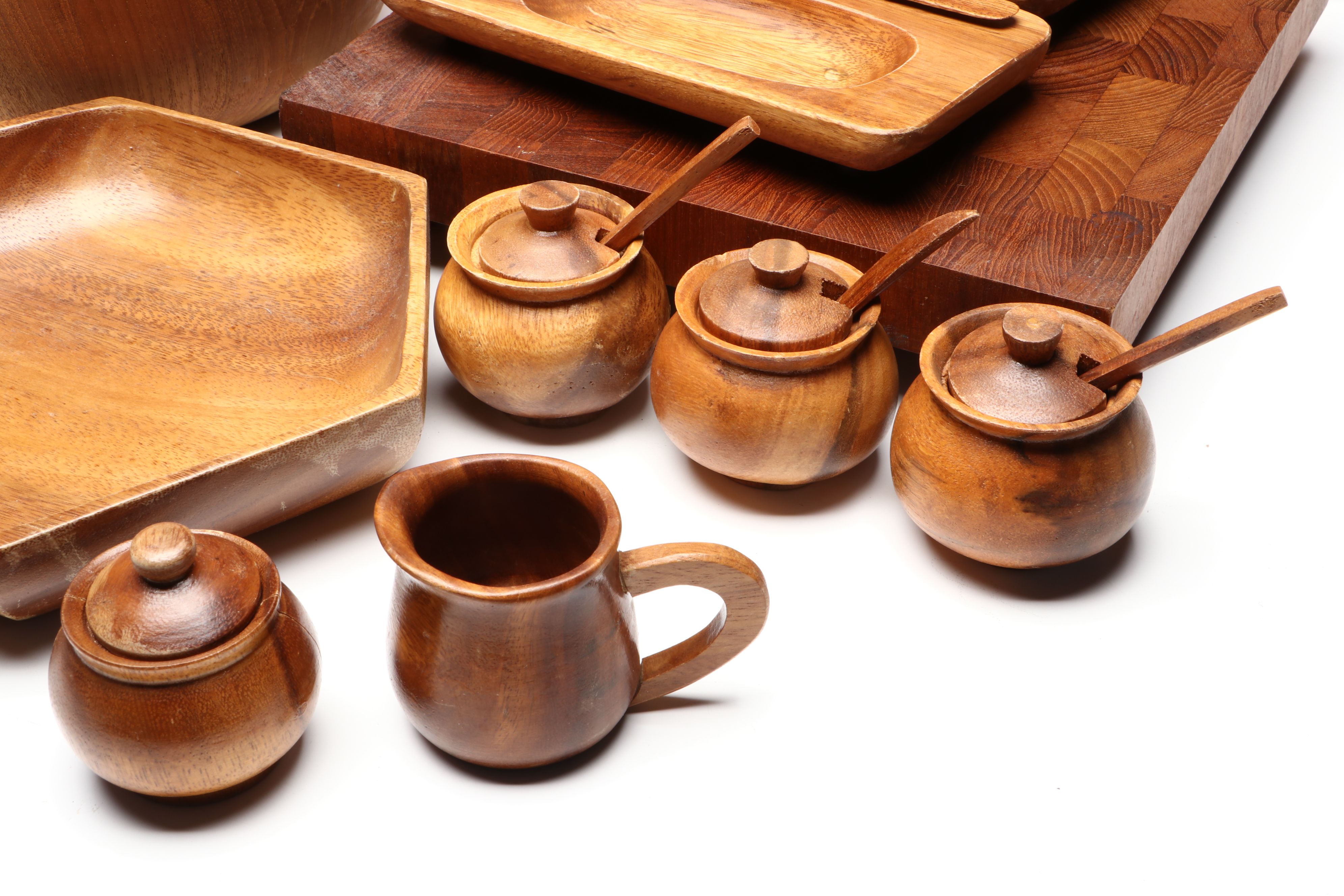 Mid Century Modern Style Wood Cutting Board and Trays with Other Tableware