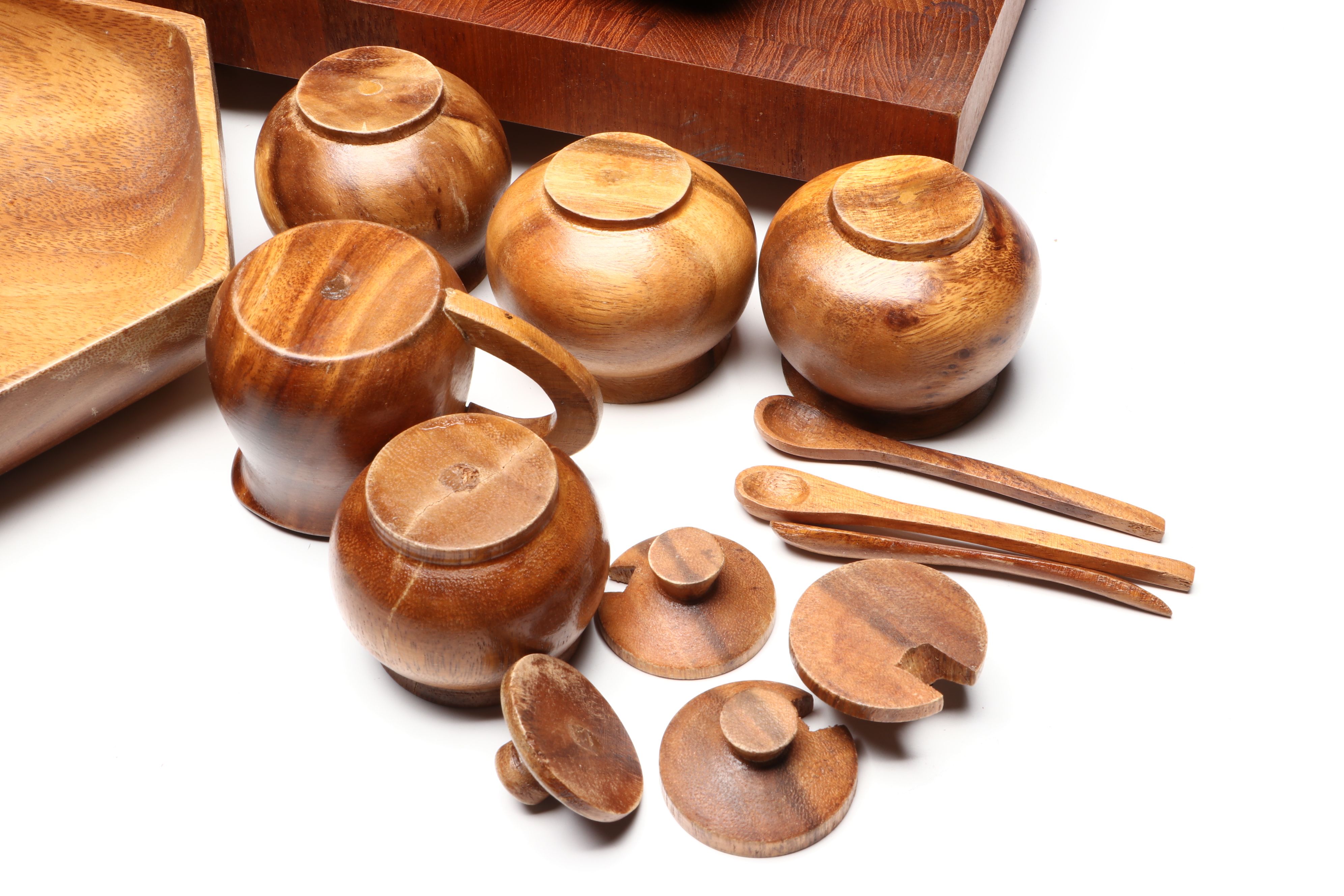 Mid Century Modern Style Wood Cutting Board and Trays with Other Tableware