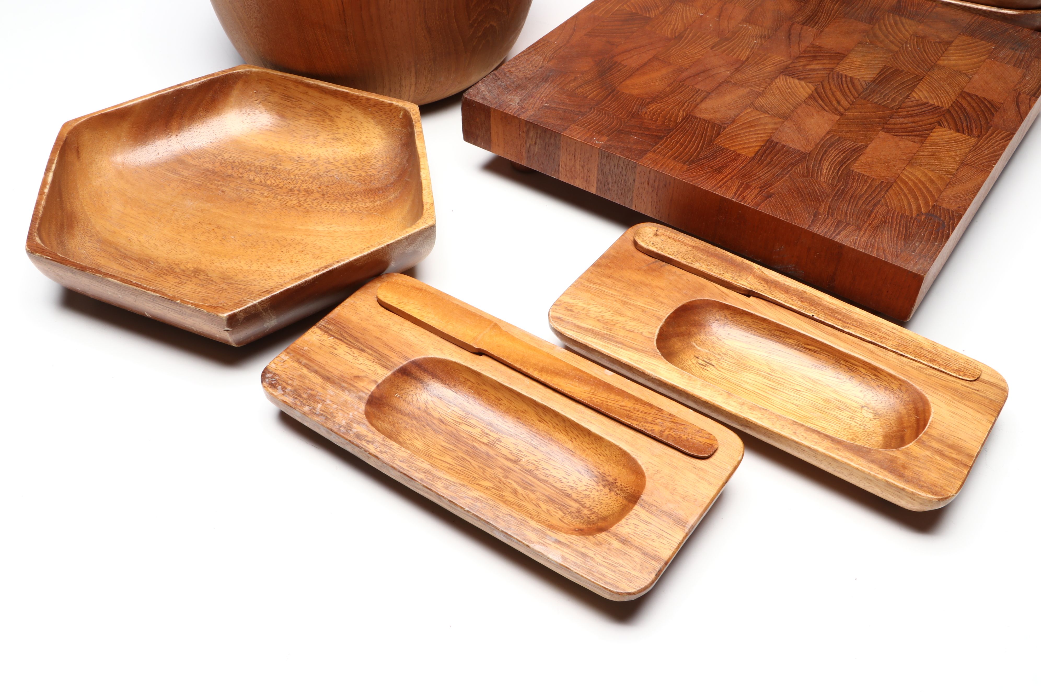 Mid Century Modern Style Wood Cutting Board and Trays with Other Tableware