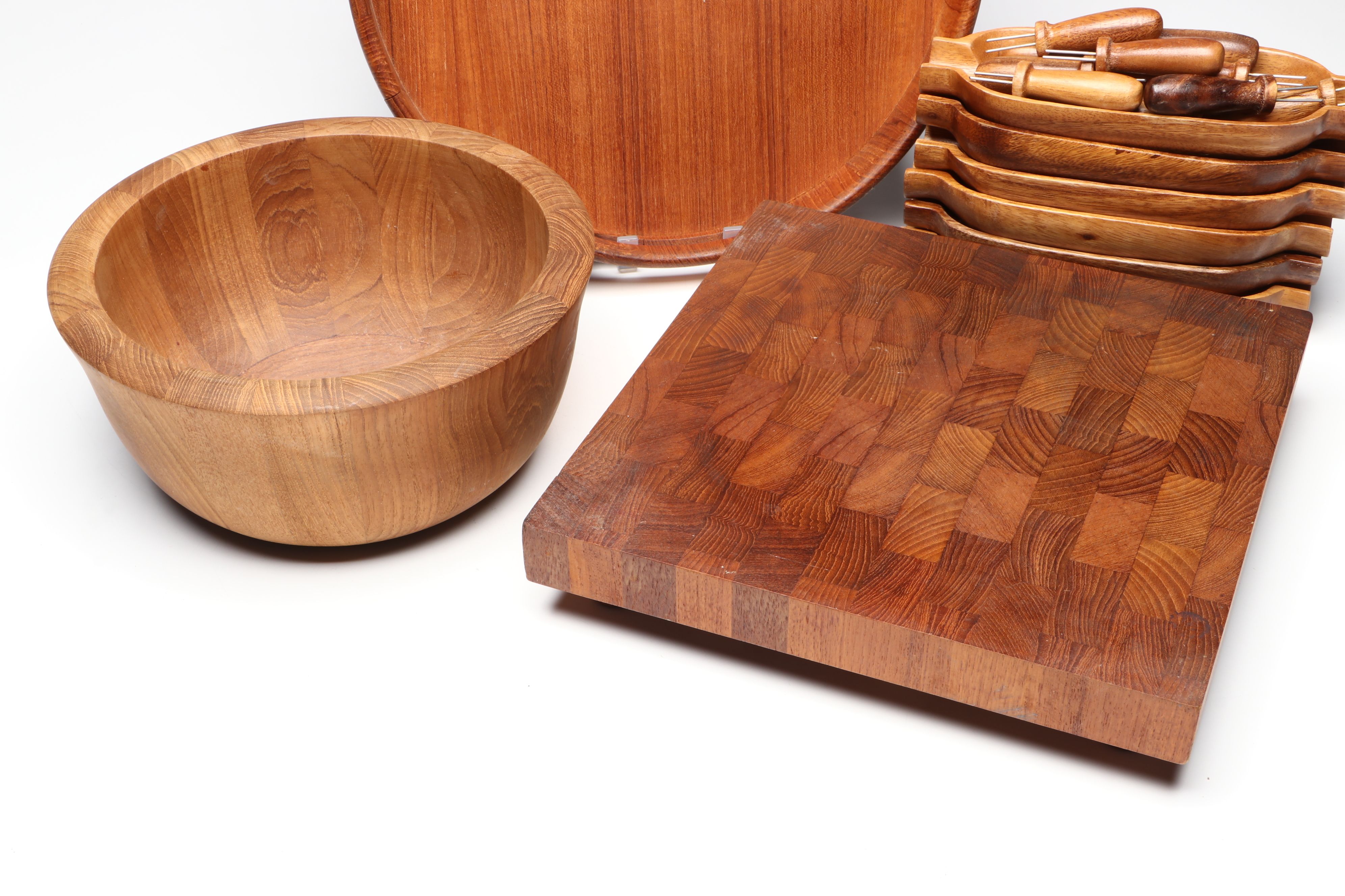 Mid Century Modern Style Wood Cutting Board and Trays with Other Tableware