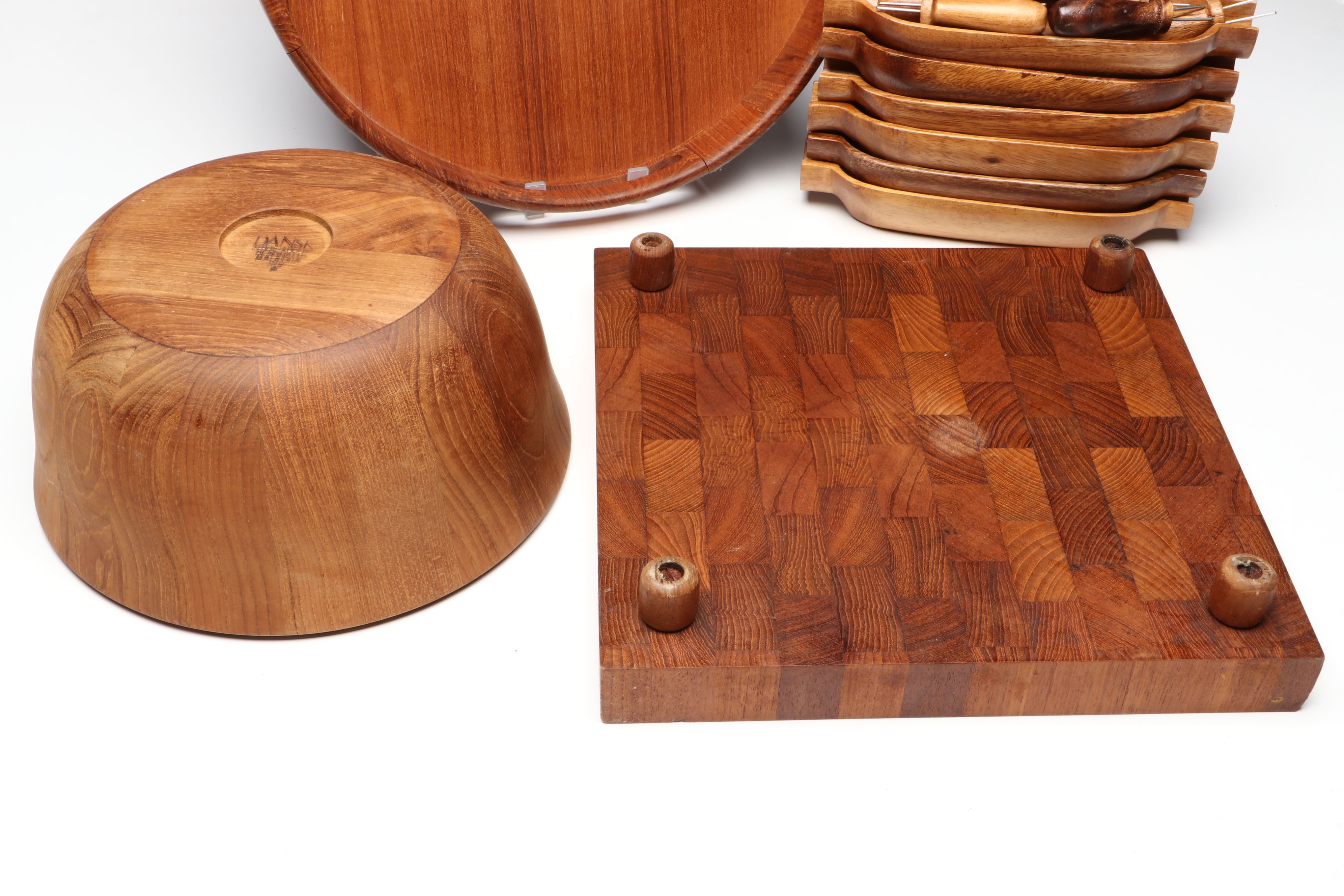 Mid Century Modern Style Wood Cutting Board and Trays with Other Tableware