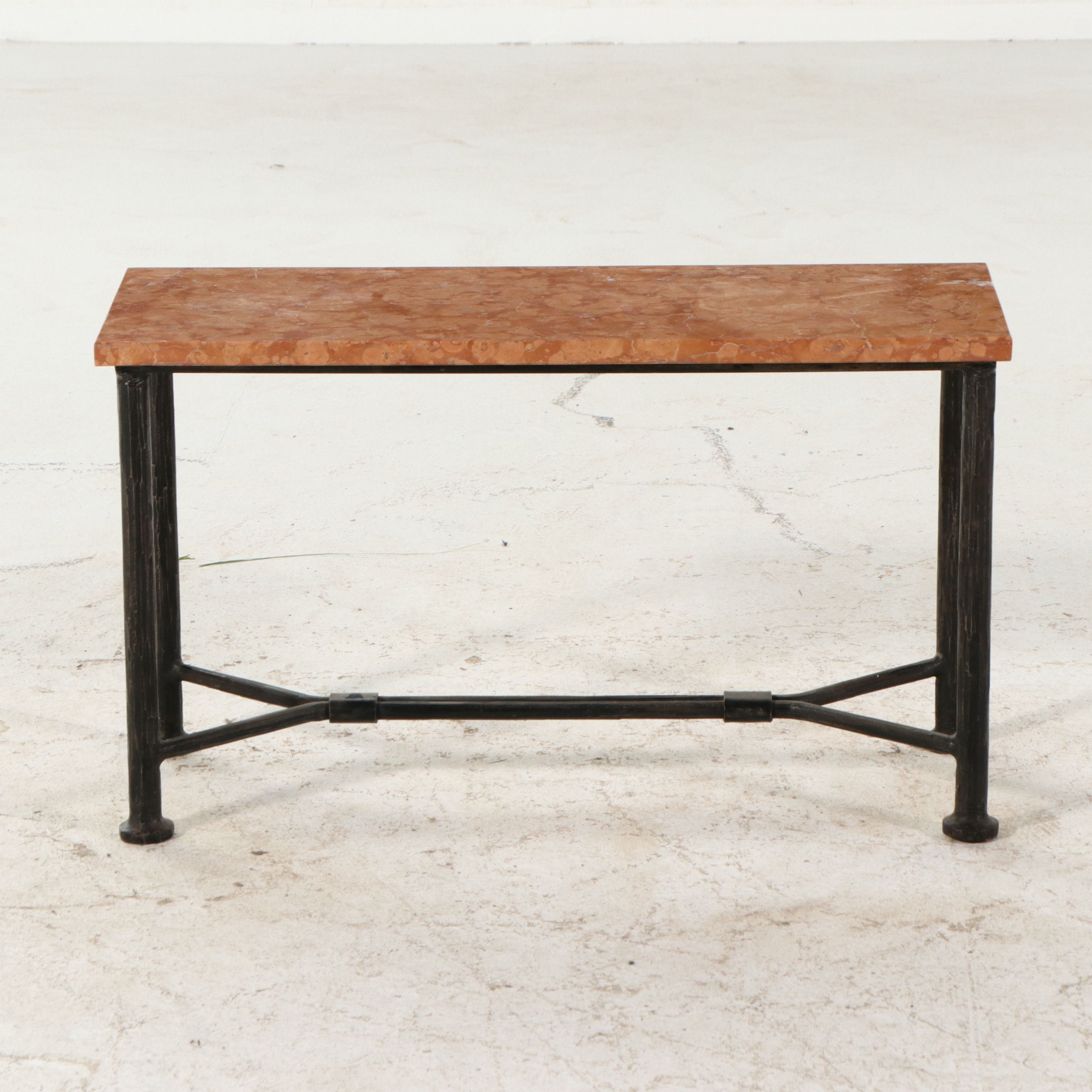Brutalist Influence Wrought Rouge Marble Top Iron Console Table