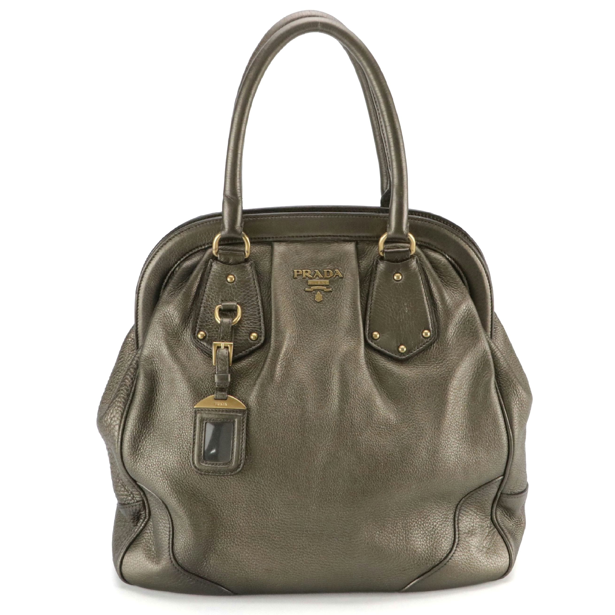Prada Large Framed Satchel Bag in Metallic Calfskin Leather
