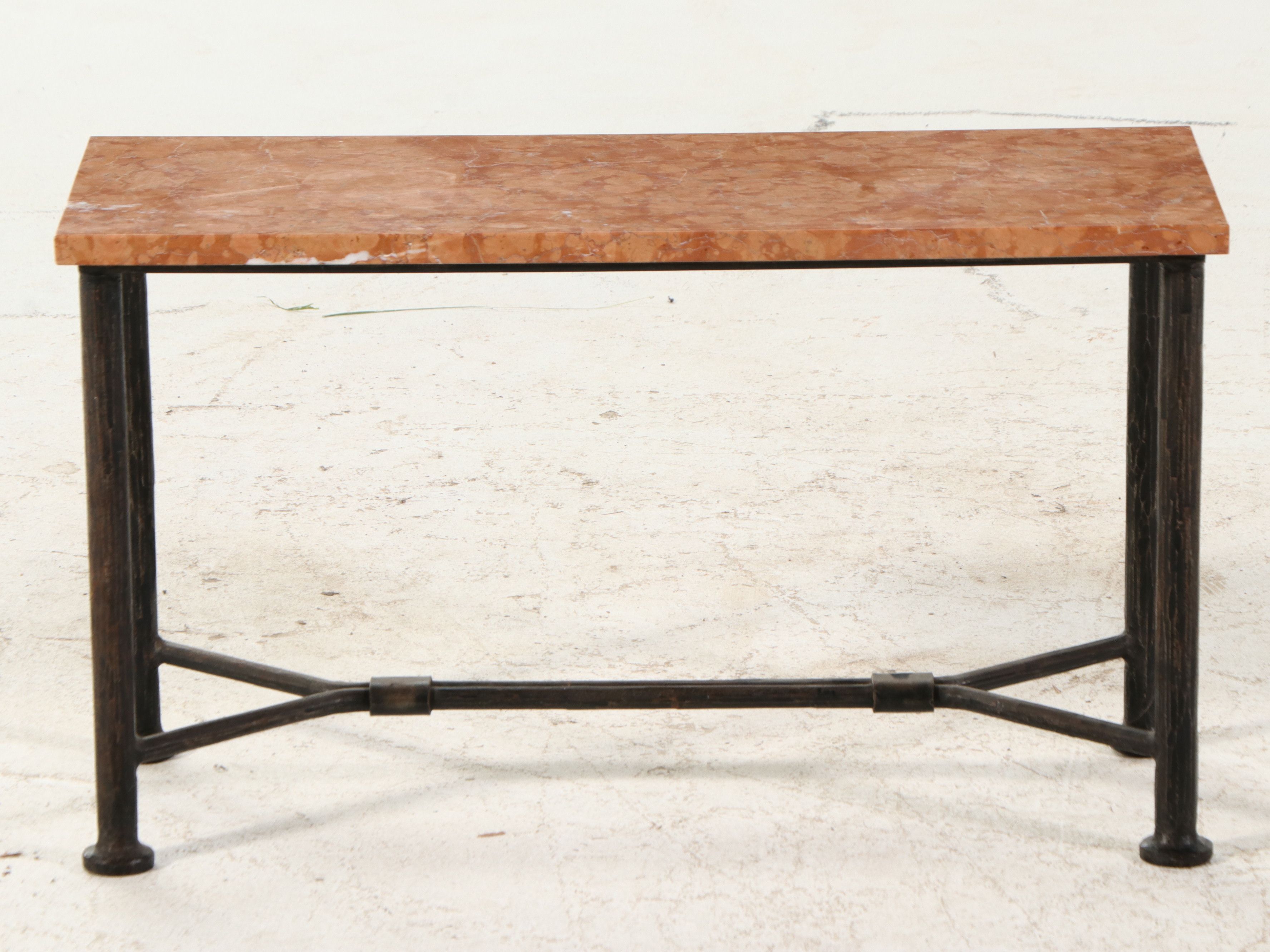 Brutalist Influence Wrought Rouge Marble Top Iron Console Table