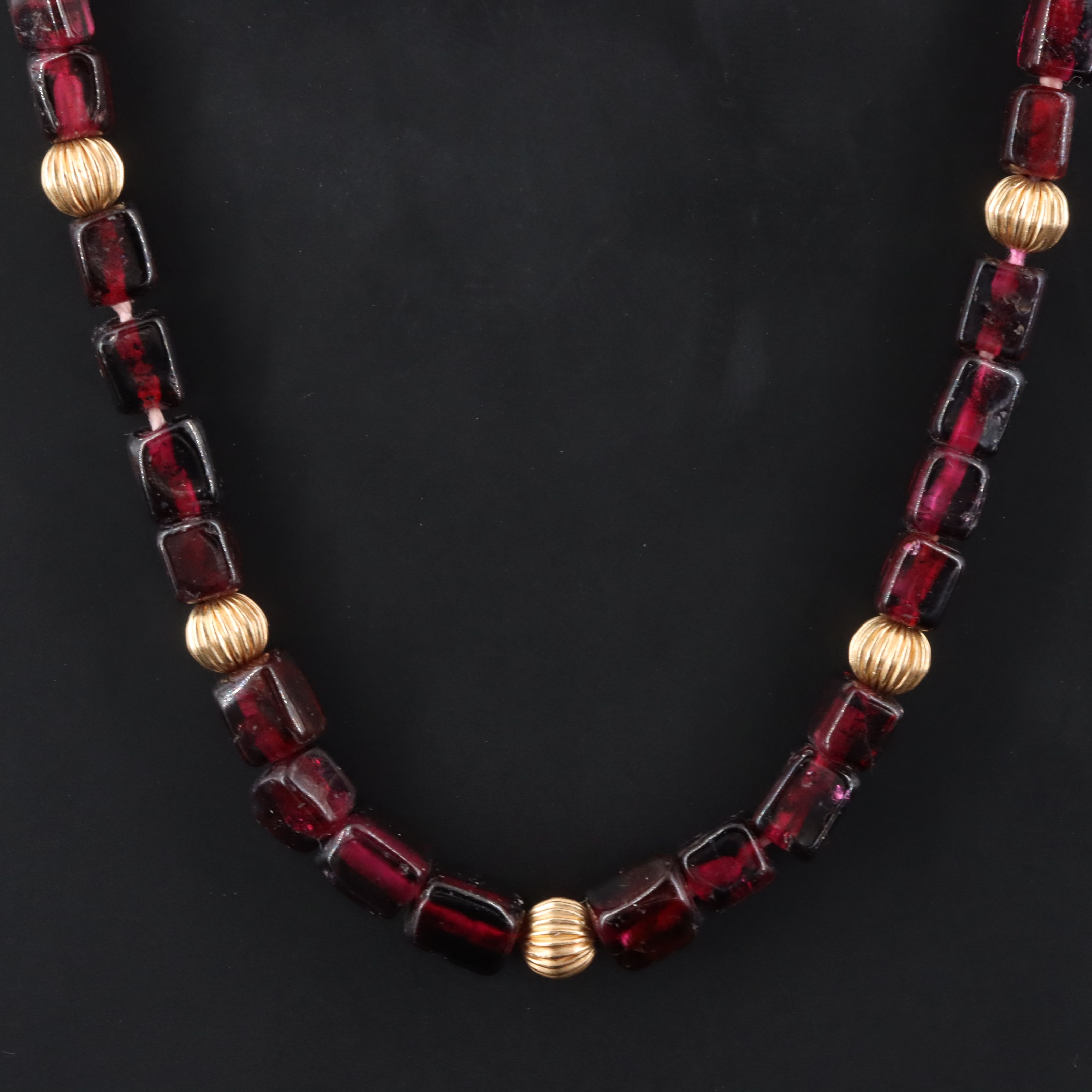Garnet and 10K Bead Station Bead Necklace with 14K Clasp