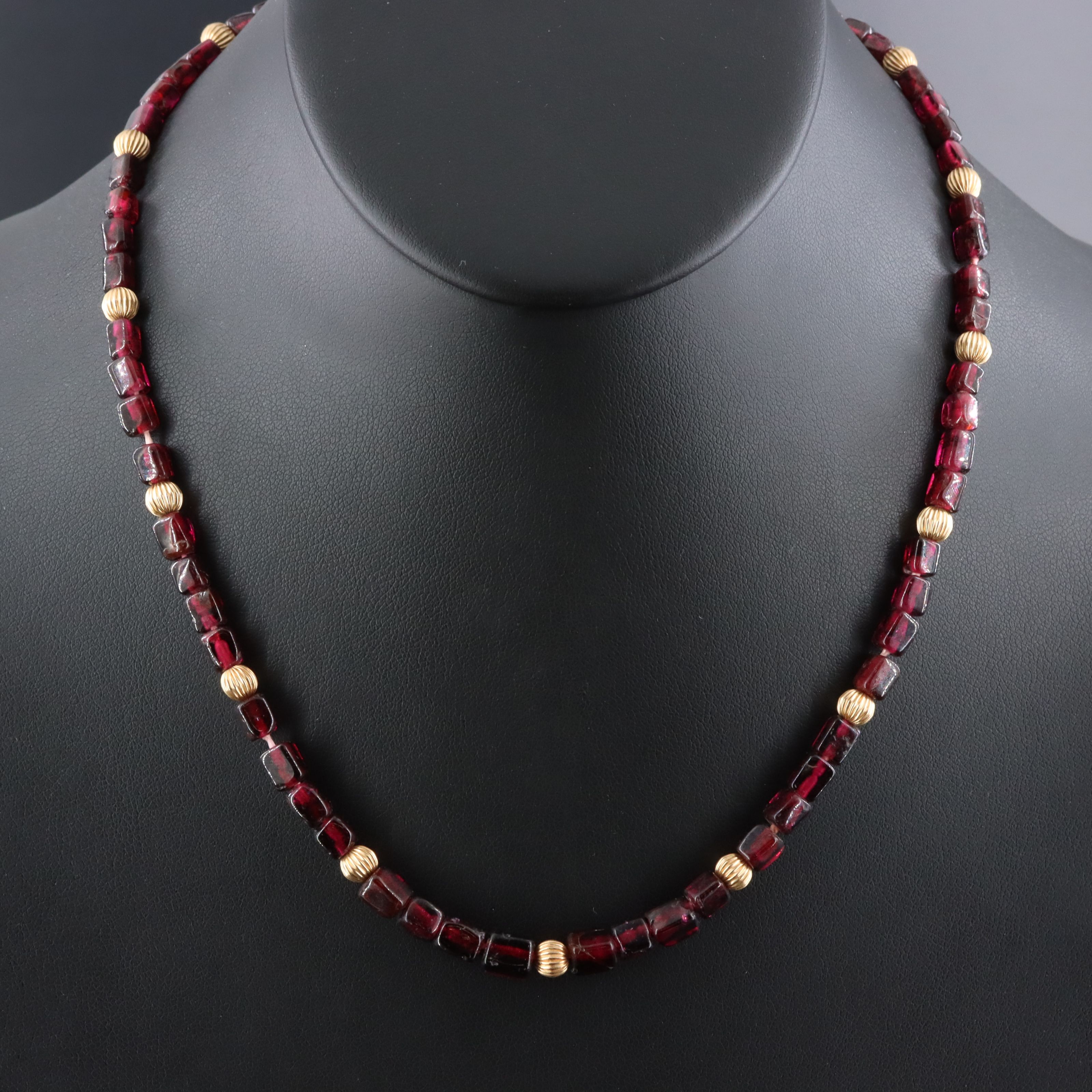 Garnet and 10K Bead Station Bead Necklace with 14K Clasp