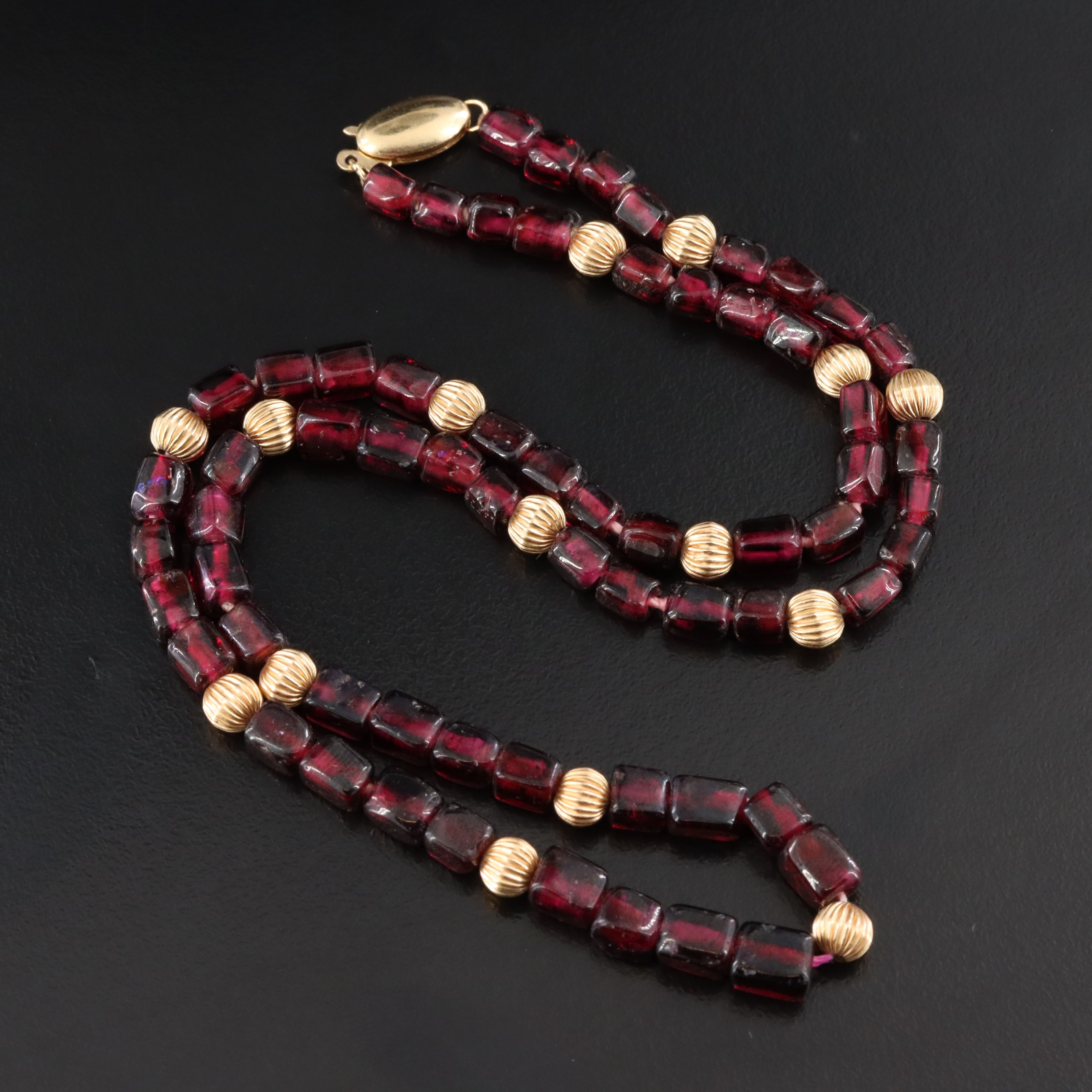 Garnet and 10K Bead Station Bead Necklace with 14K Clasp