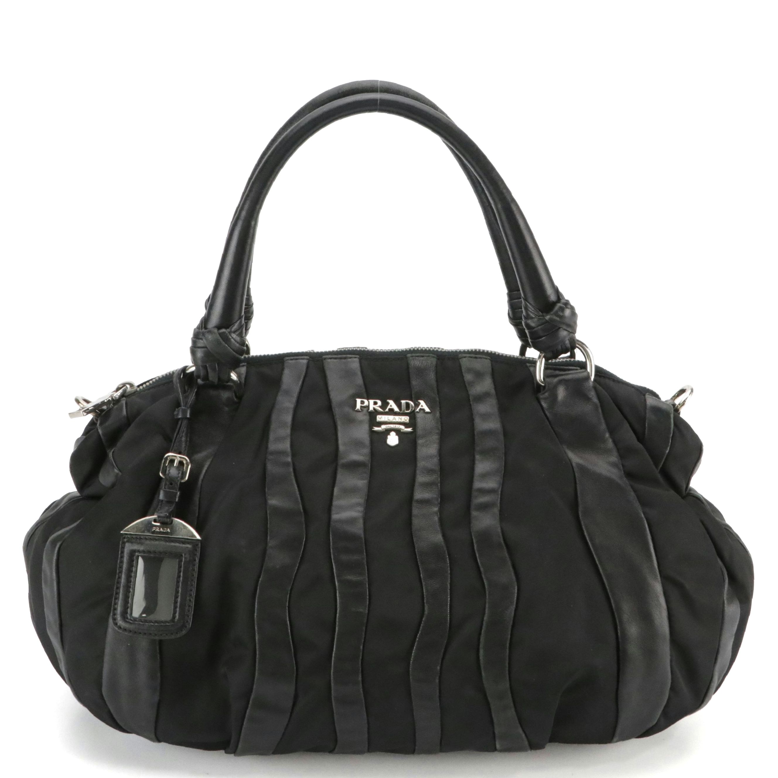 Prada Handbag in Black Tessuto Nylon and Mordore Stripes Nappa Leather