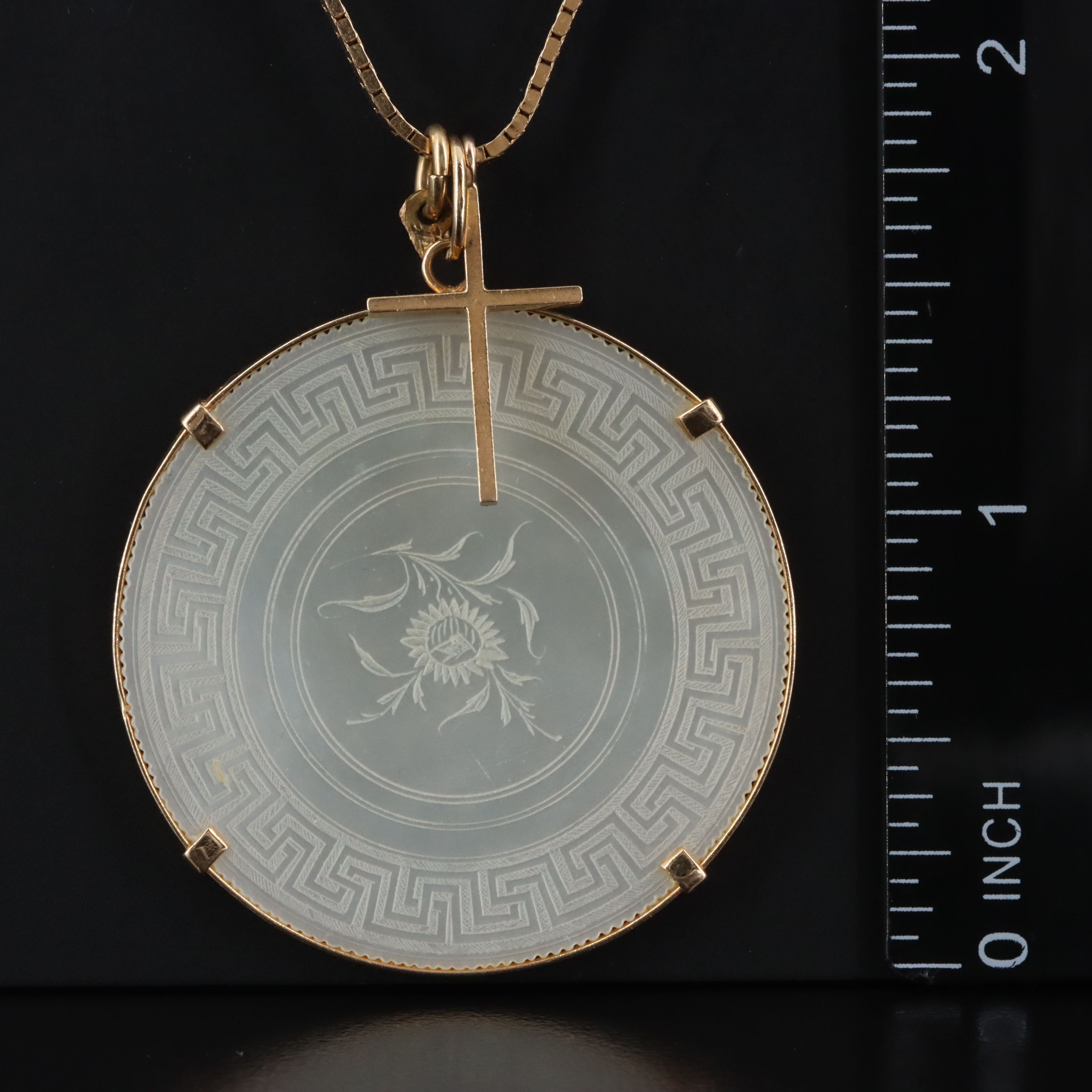 14K Mother of Pearl Meander Medallion and Cross Pendant Necklace