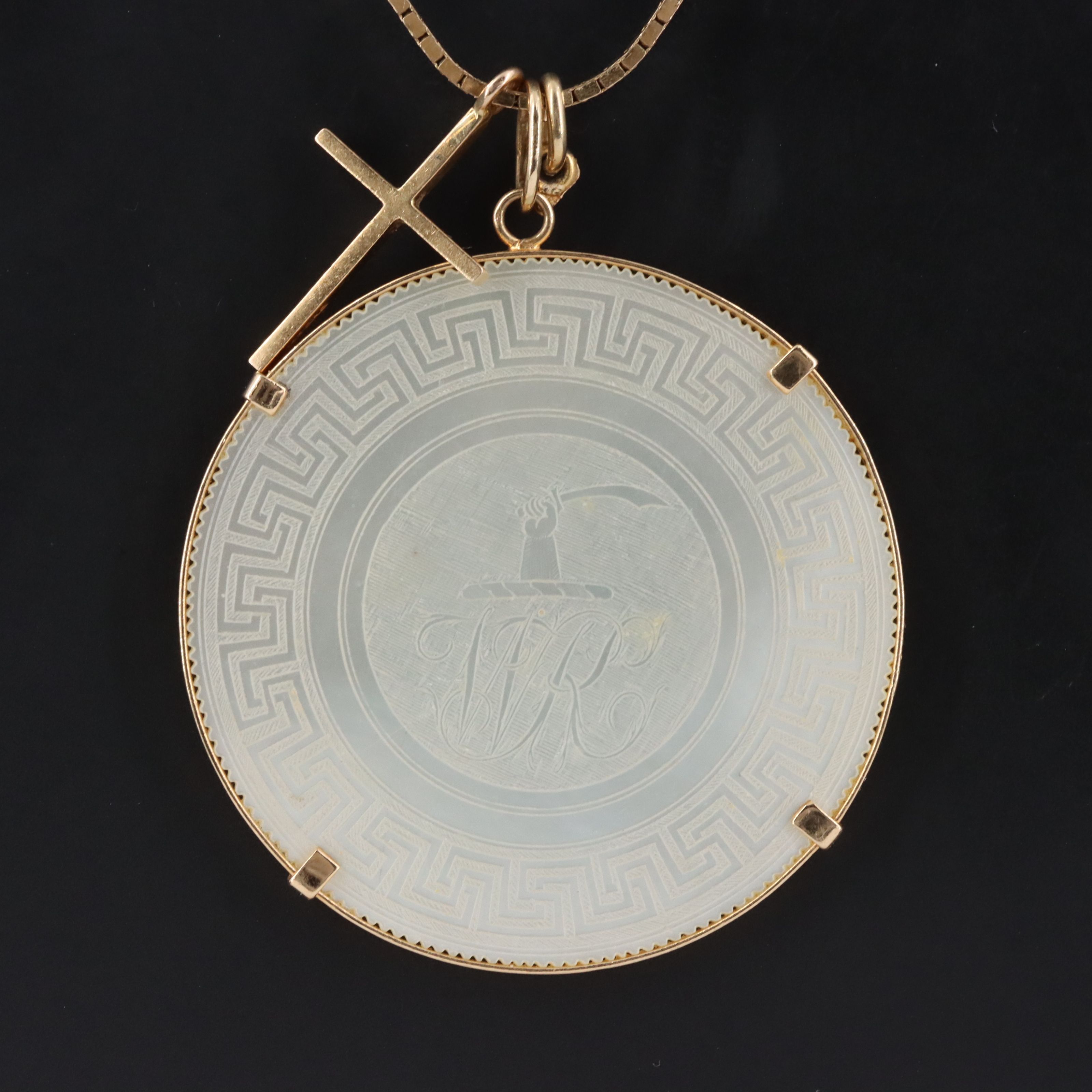 14K Mother of Pearl Meander Medallion and Cross Pendant Necklace