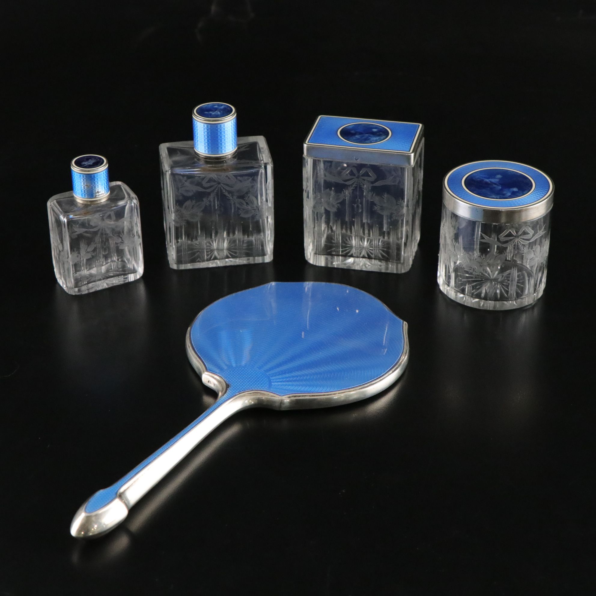 Blue Guilloché Enamel Vanity Set Including Hand Mirror, Perfume Bottles & More