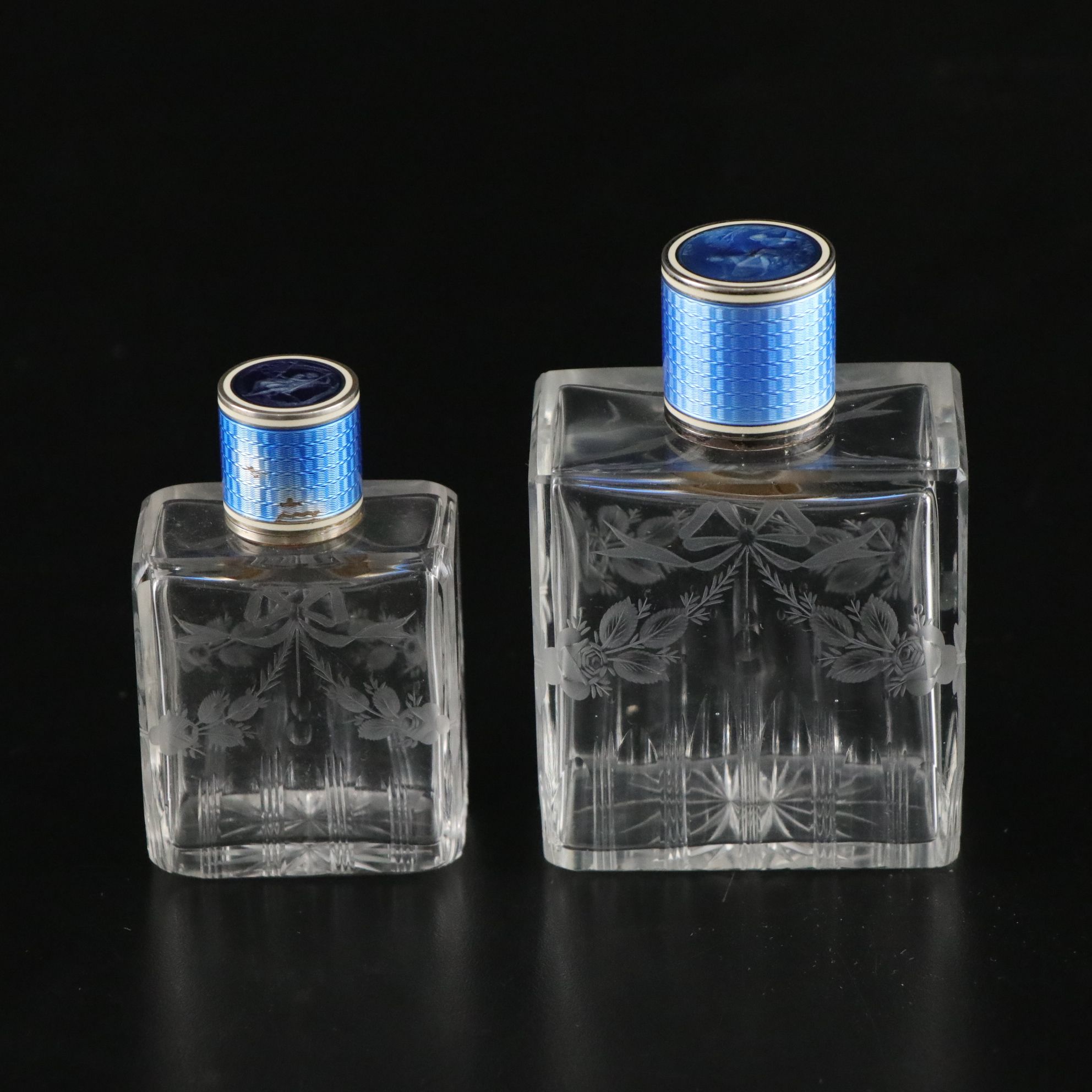 Blue Guilloché Enamel Vanity Set Including Hand Mirror, Perfume Bottles & More