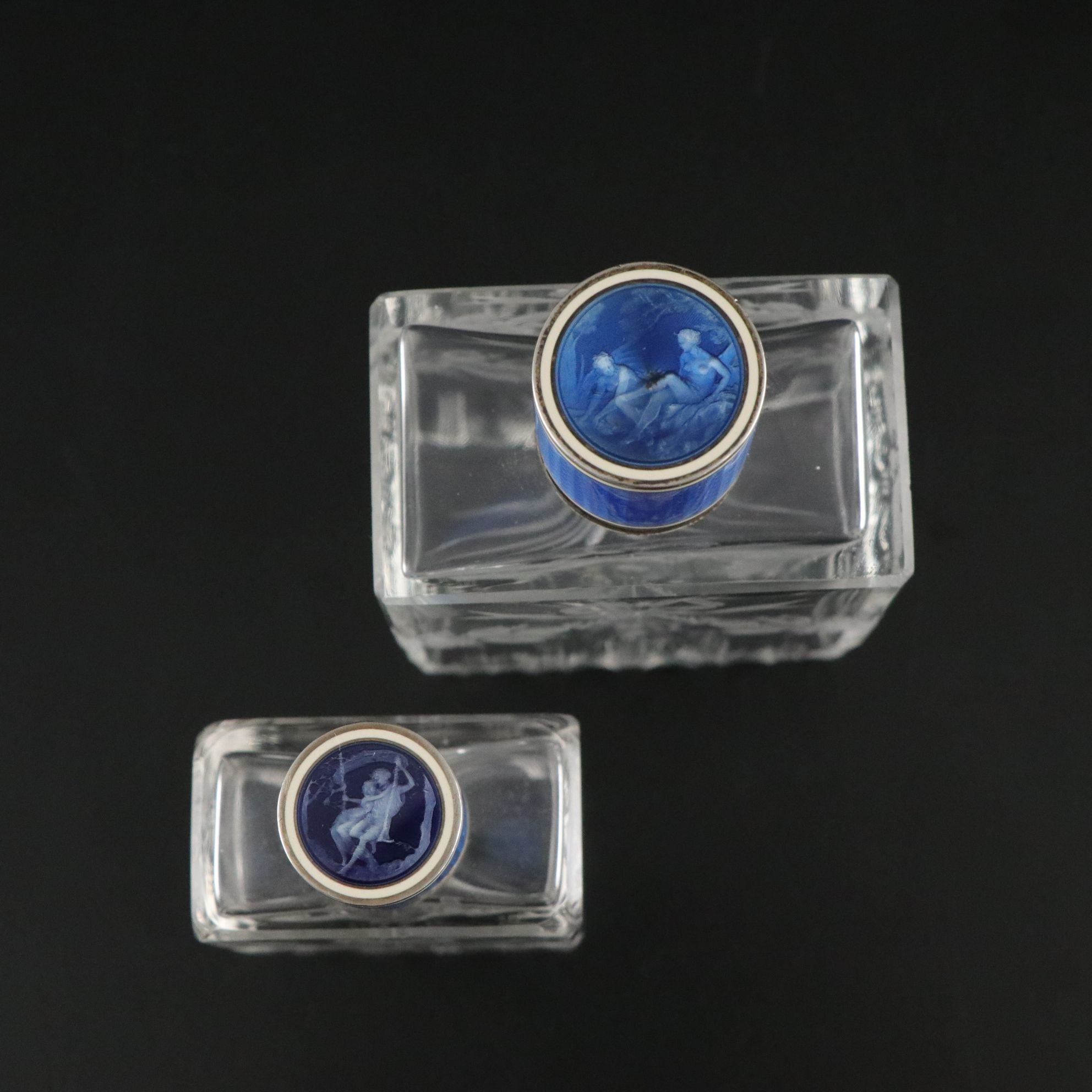 Blue Guilloché Enamel Vanity Set Including Hand Mirror, Perfume Bottles & More