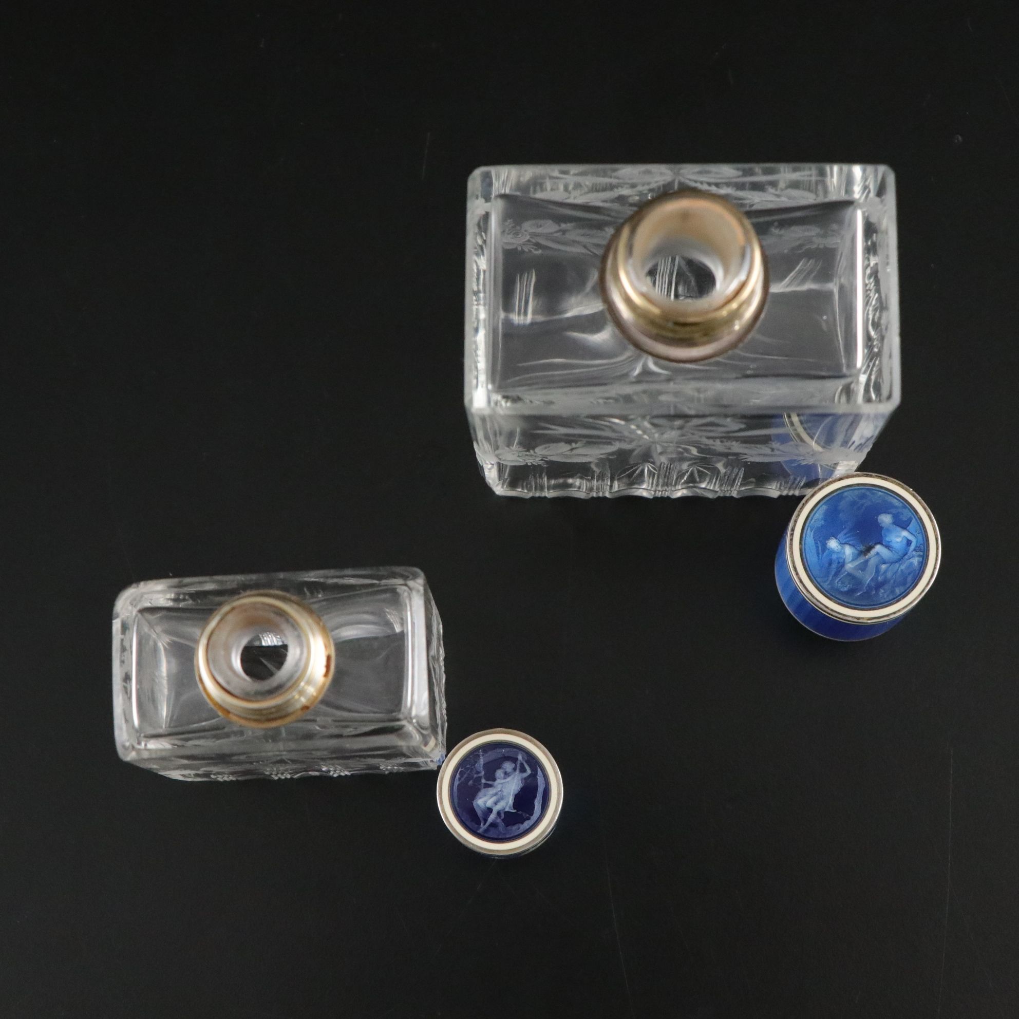 Blue Guilloché Enamel Vanity Set Including Hand Mirror, Perfume Bottles & More