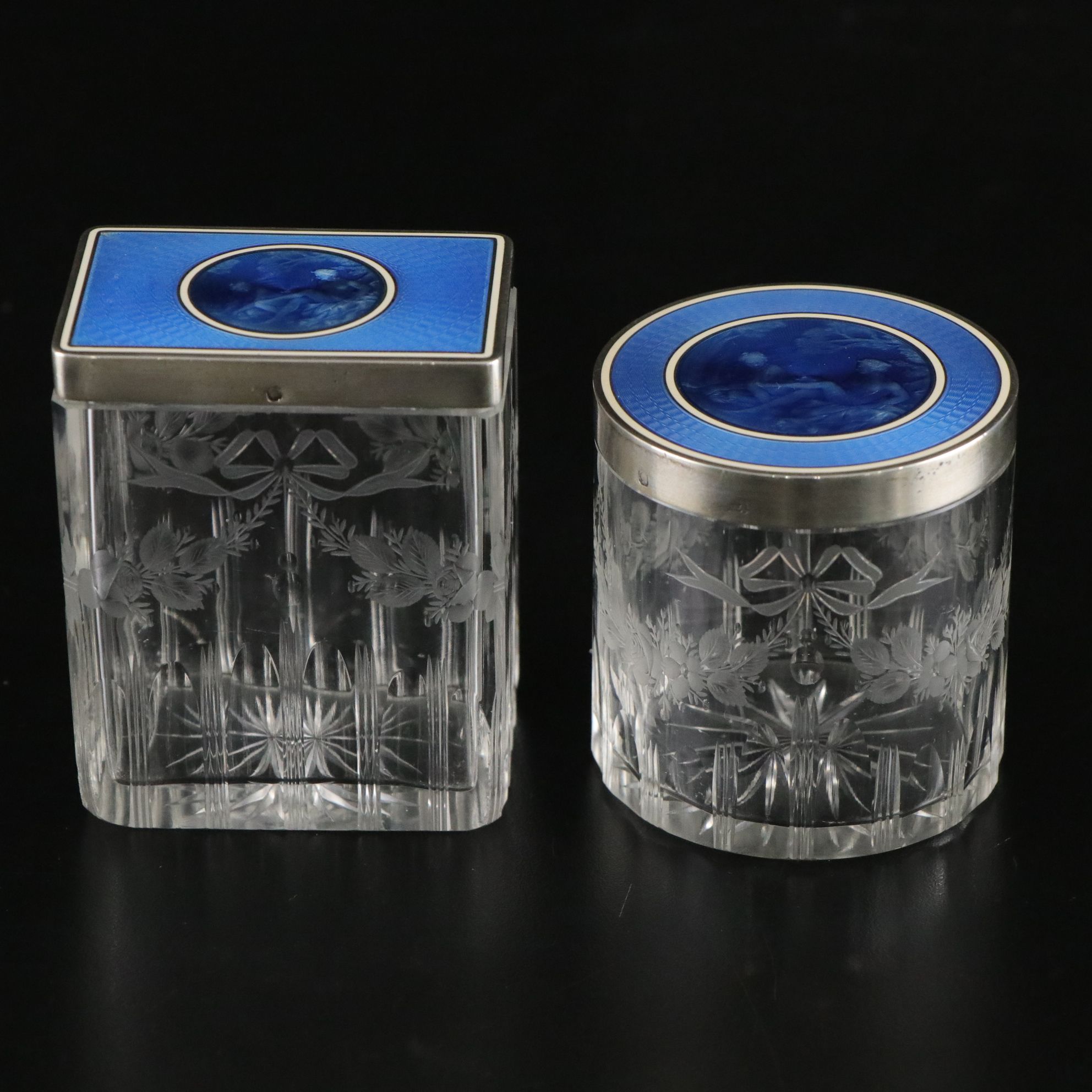 Blue Guilloché Enamel Vanity Set Including Hand Mirror, Perfume Bottles & More