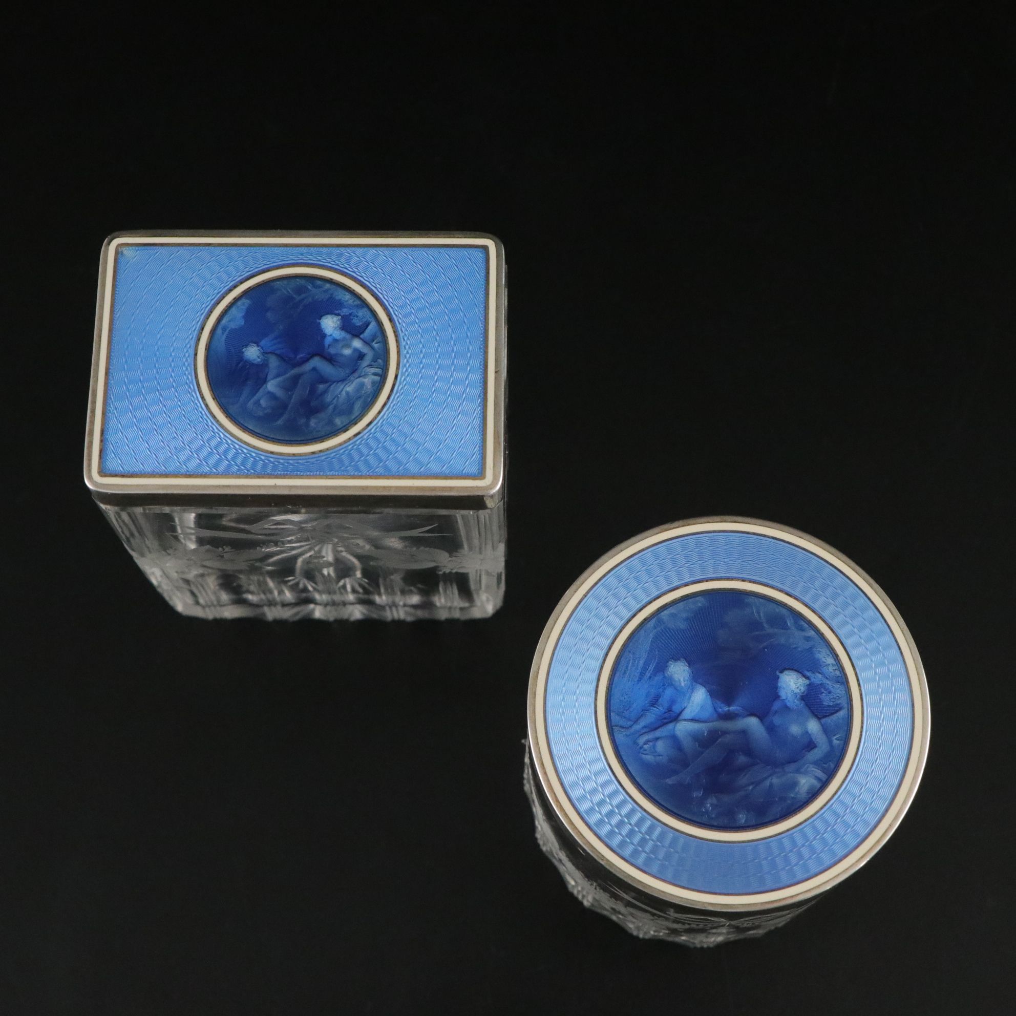 Blue Guilloché Enamel Vanity Set Including Hand Mirror, Perfume Bottles & More