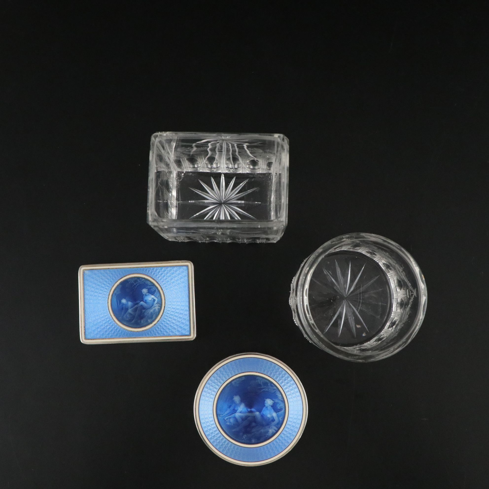 Blue Guilloché Enamel Vanity Set Including Hand Mirror, Perfume Bottles & More