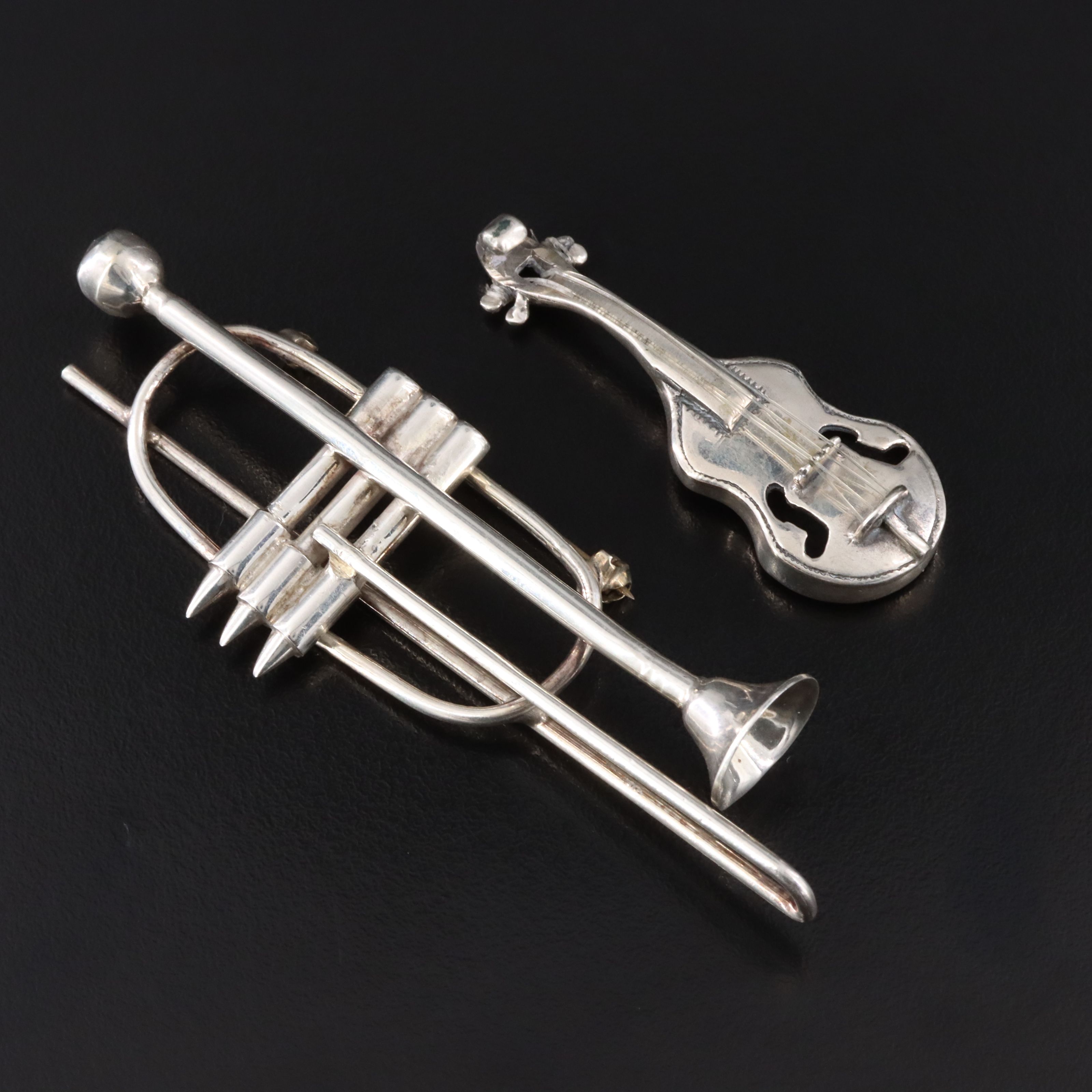 800 Silver Violin Pendant and Sterling Brass Horn Brooch