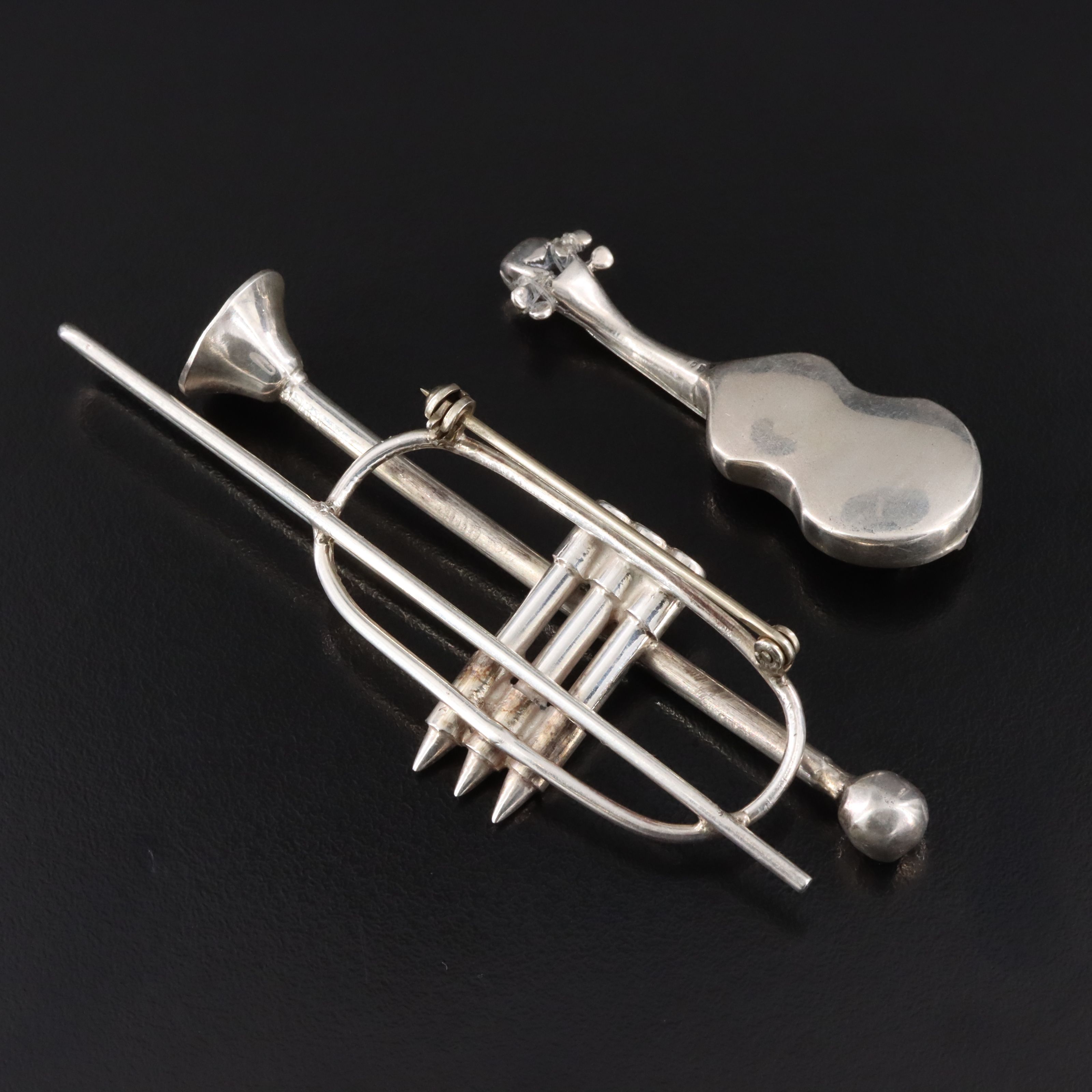 800 Silver Violin Pendant and Sterling Brass Horn Brooch