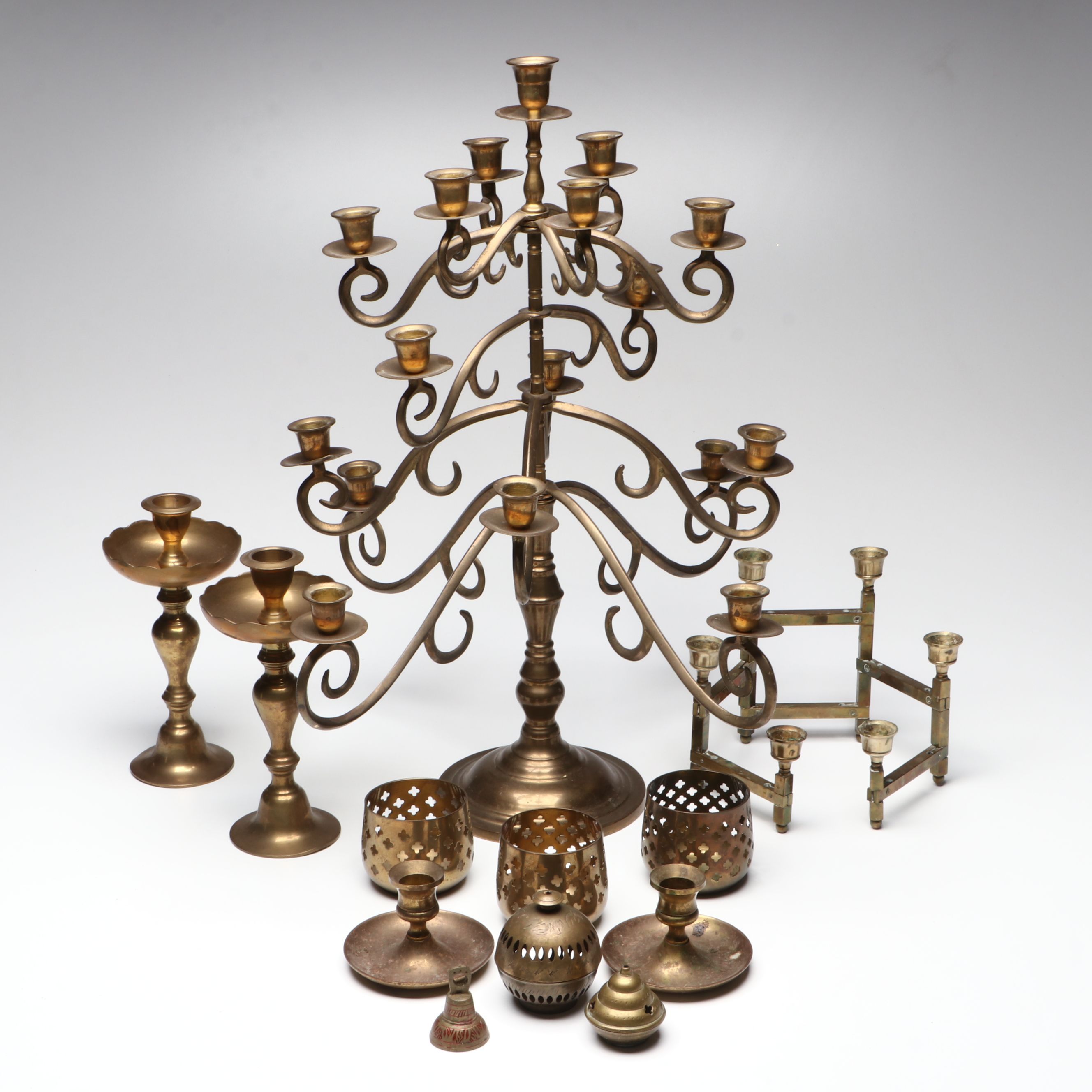 Thai Scrolled Arm Brass Candelabrum, Candlesticks with Other Asian Table Décor