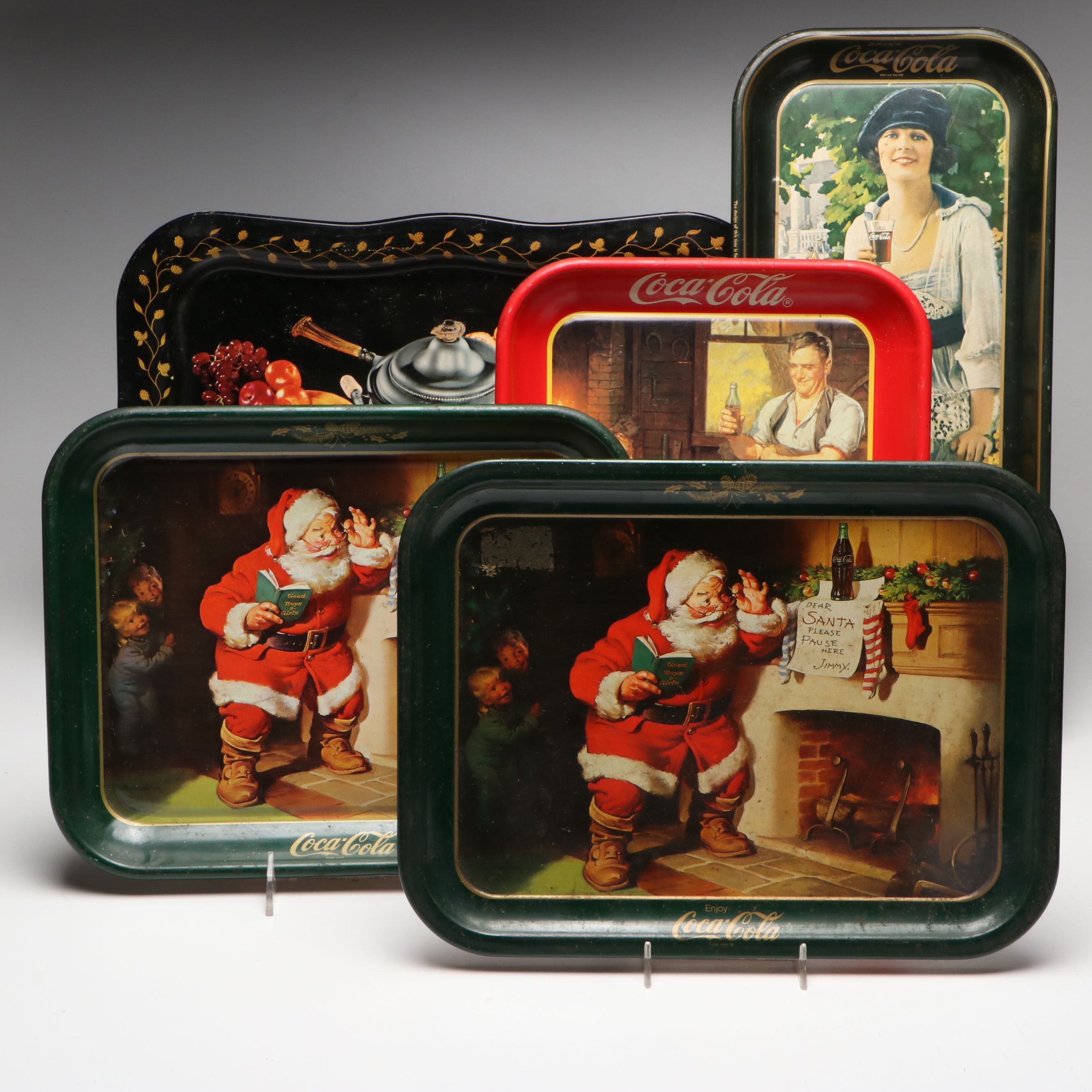 Coca-Cola "Village Blacksmith" and More Metal Advertising Trays, Late 20th C.