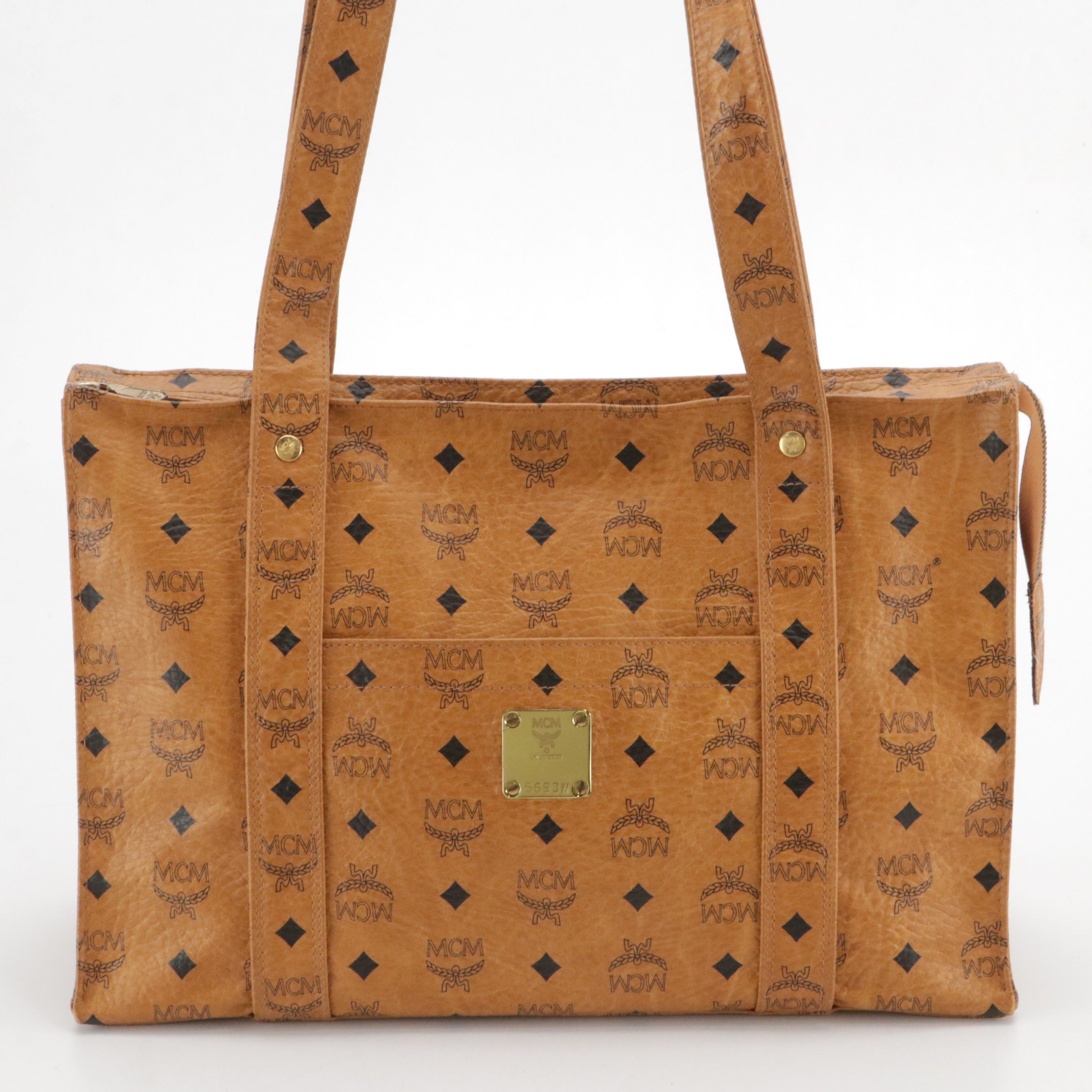 MCM Long Handle Front Pocket Tote Bag in Cognac Visetos Canvas