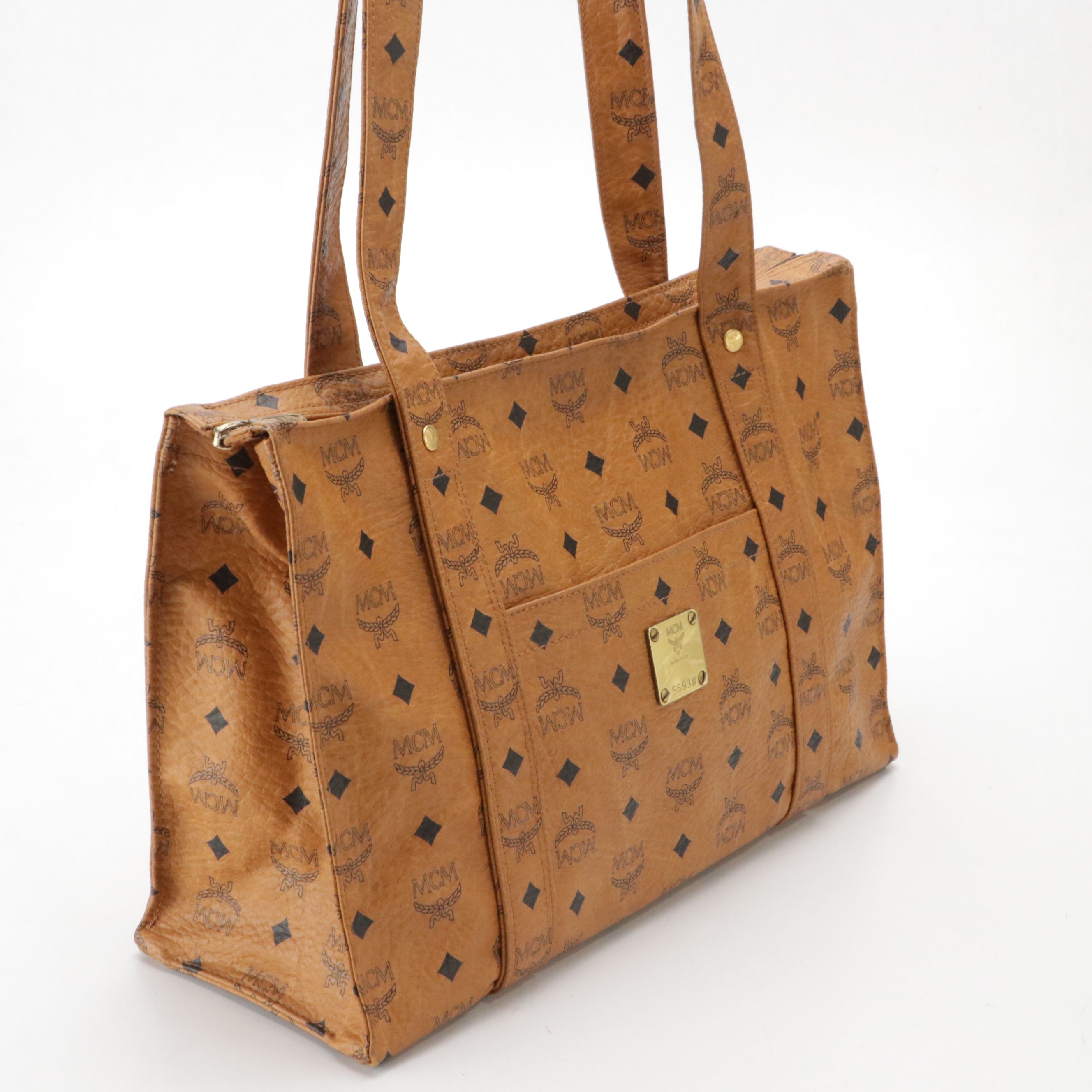 MCM Long Handle Front Pocket Tote Bag in Cognac Visetos Canvas